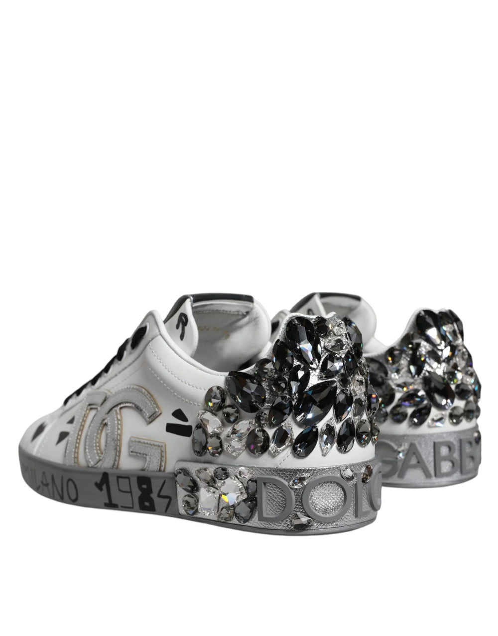 Dolce & Gabbana White Silver Crystal Logo Portofino Sneakers Shoes - Sneakers