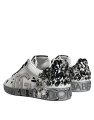 Dolce & Gabbana White Silver Crystal Logo Portofino Sneakers Shoes - Sneakers