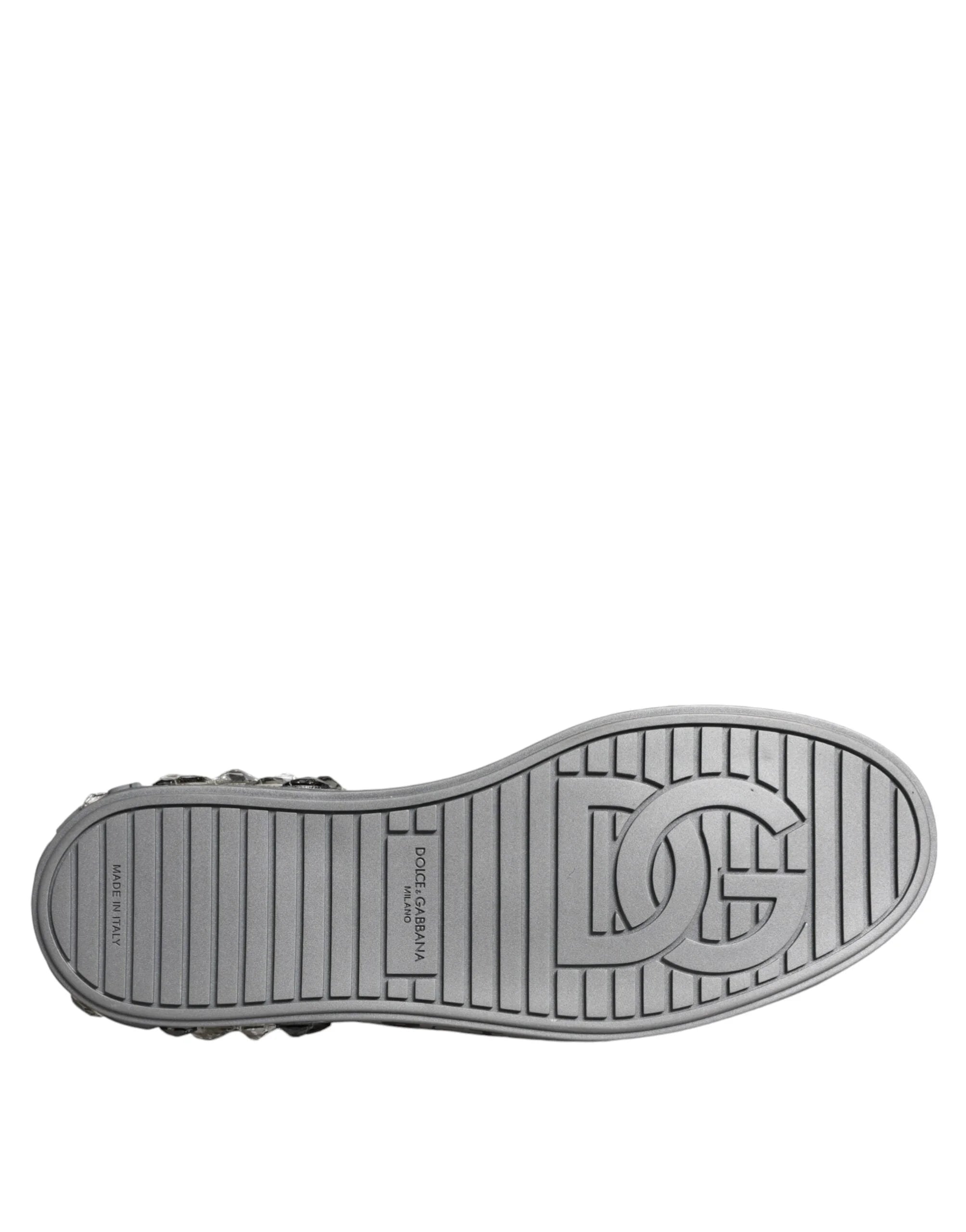 Dolce & Gabbana White Silver Crystal Logo Portofino Sneakers Shoes - Sneakers