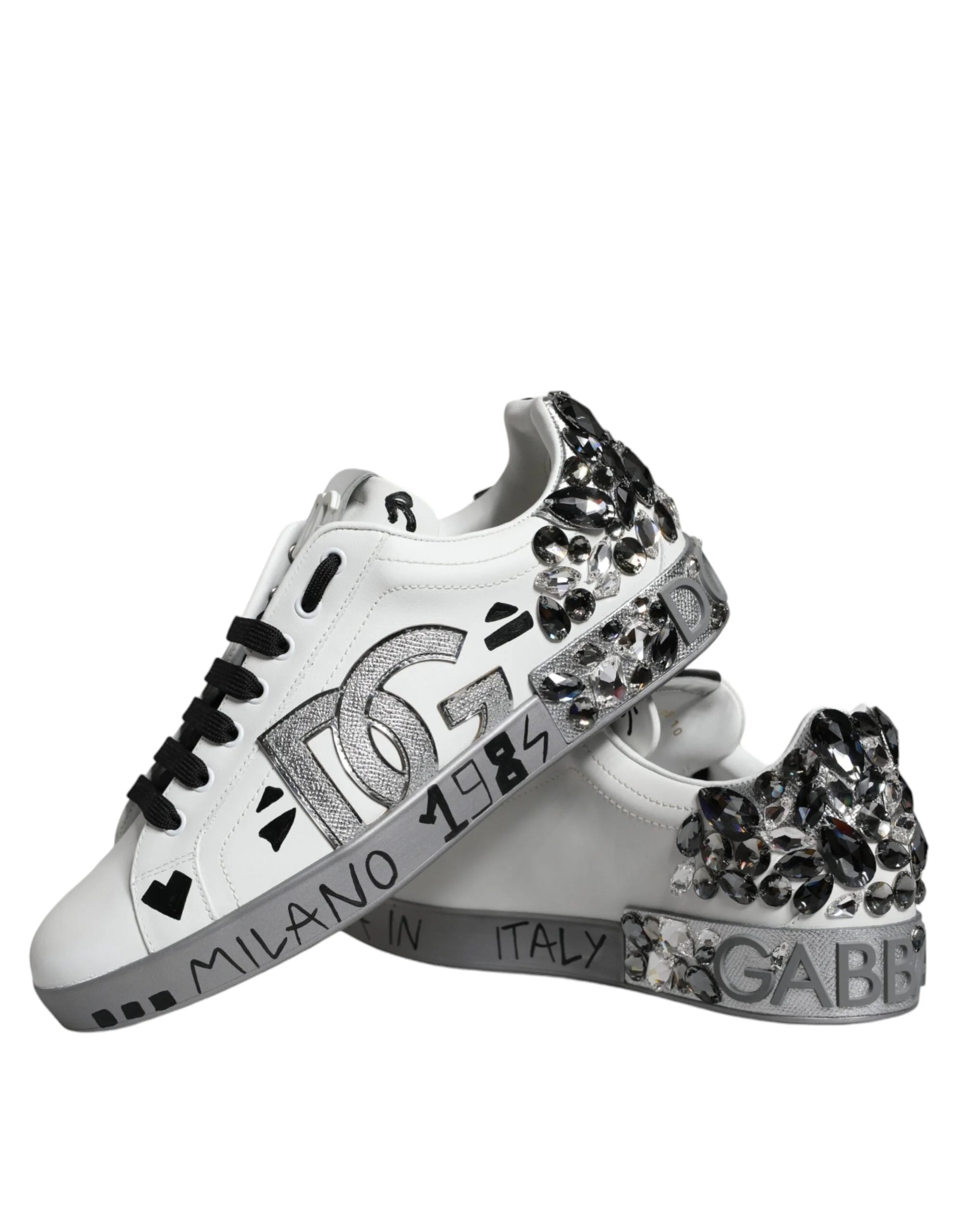 Dolce & Gabbana White Silver Crystal Logo Portofino Sneakers Shoes - Sneakers