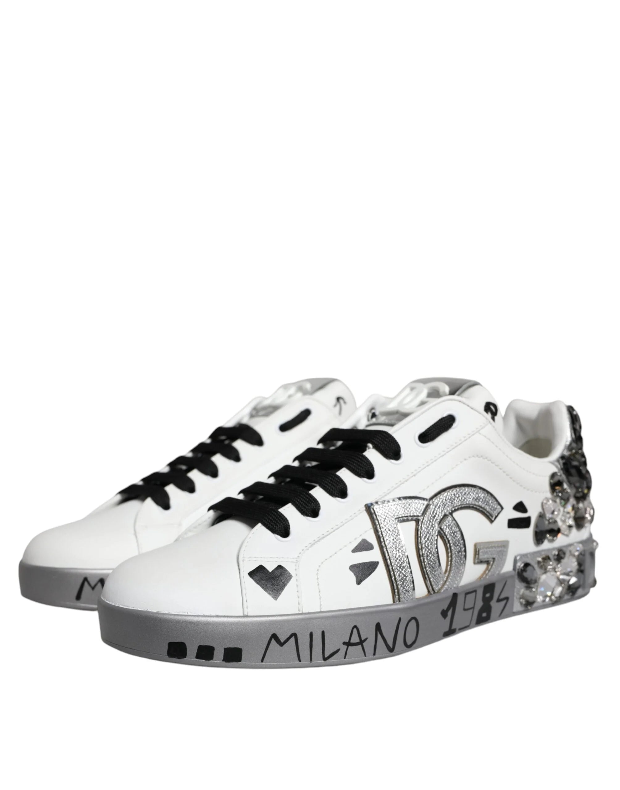 Dolce & Gabbana White Silver Crystal Logo Portofino Sneakers Shoes - Sneakers