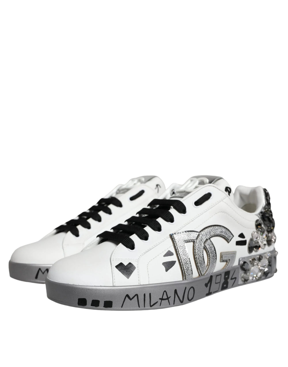 Dolce & Gabbana White Silver Crystal Logo Portofino Sneakers Shoes - Sneakers