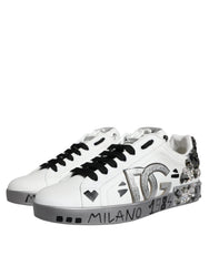 Dolce & Gabbana White Silver Crystal Logo Portofino Sneakers Shoes - Sneakers