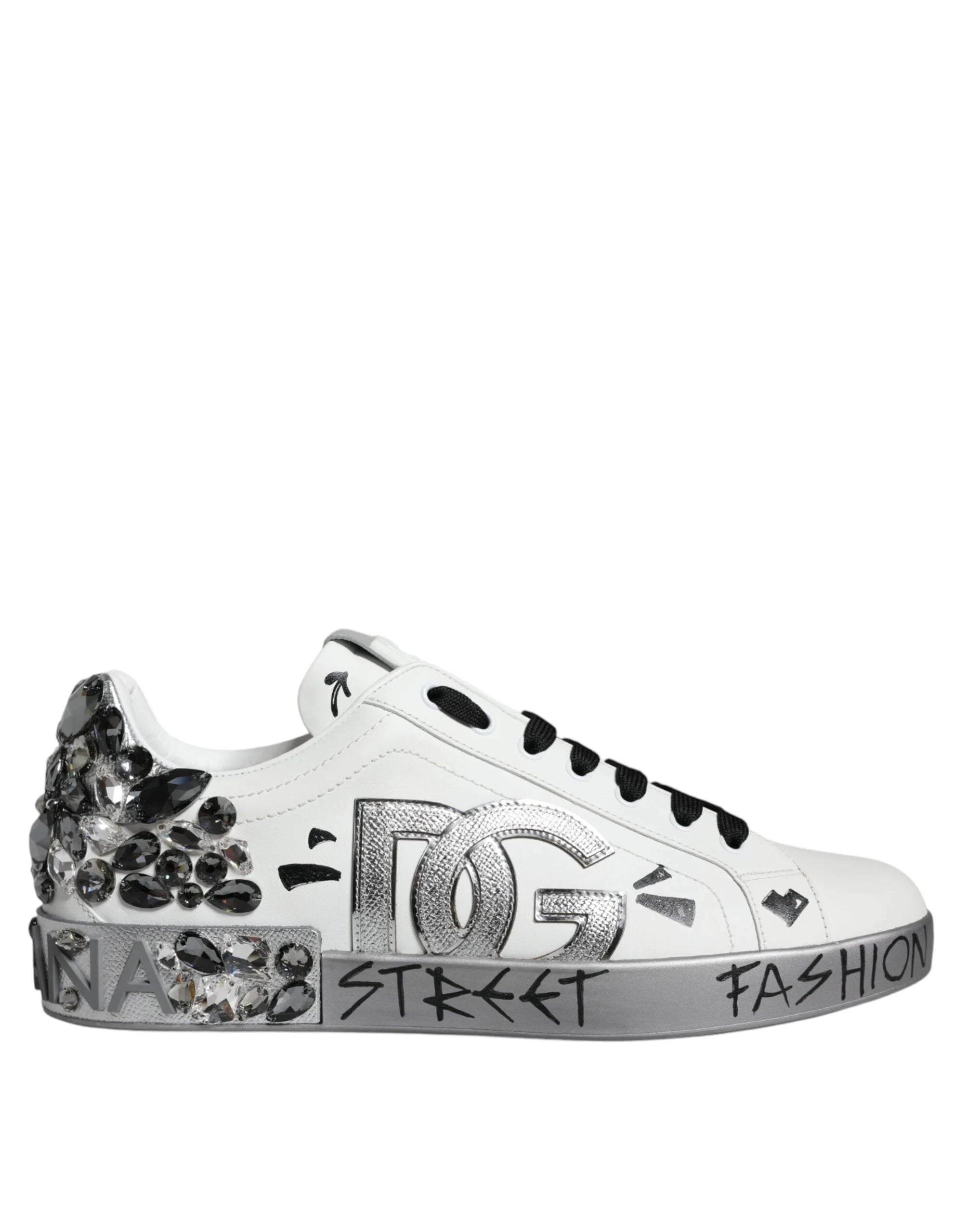 Dolce & Gabbana White Silver Crystal Logo Portofino Sneakers Shoes - Sneakers