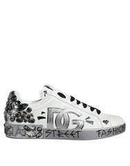 Dolce & Gabbana White Silver Crystal Logo Portofino Sneakers Shoes - Sneakers