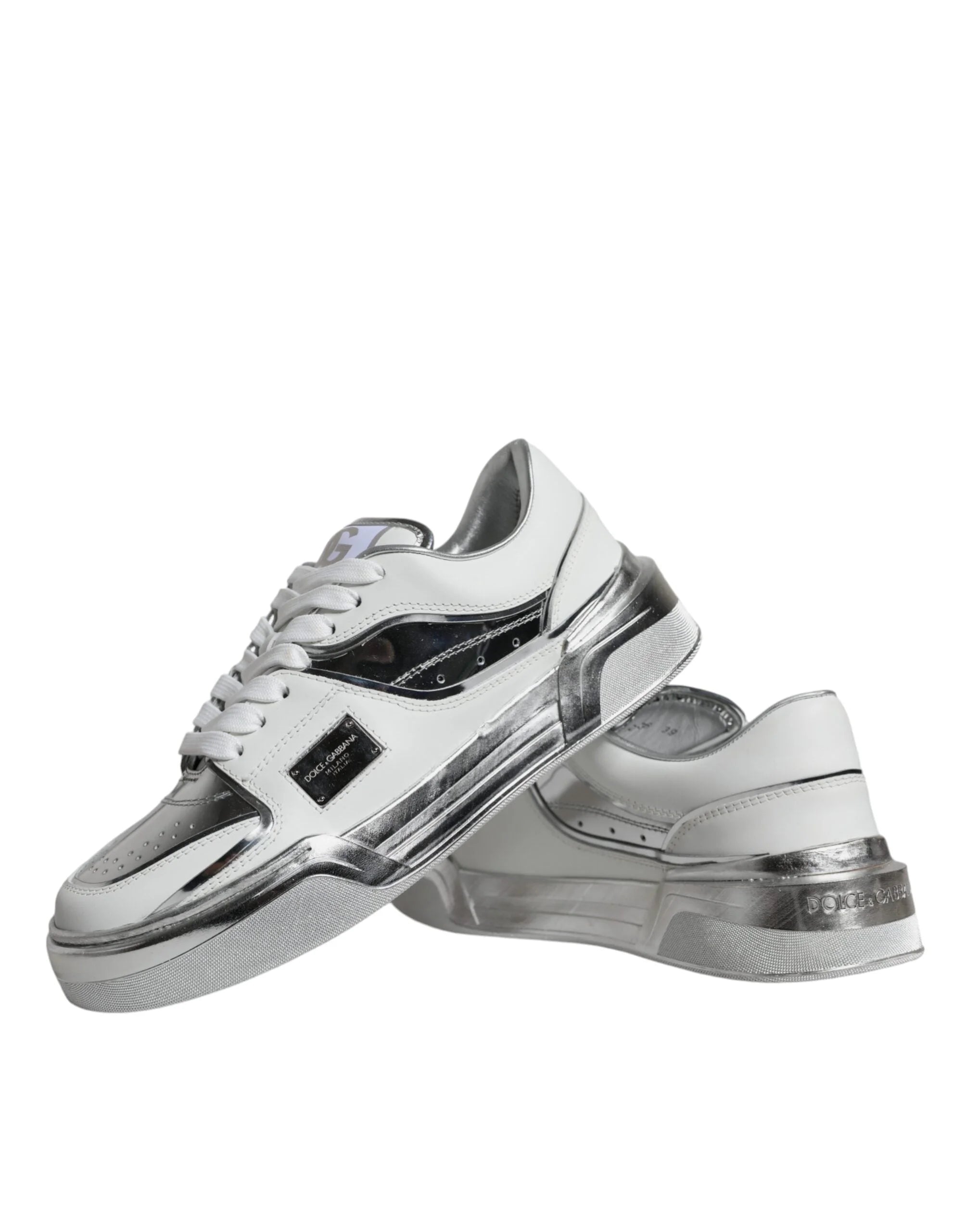 Dolce & Gabbana White Silver Leather Low Top Sneakers Shoes - EU39/US8.5