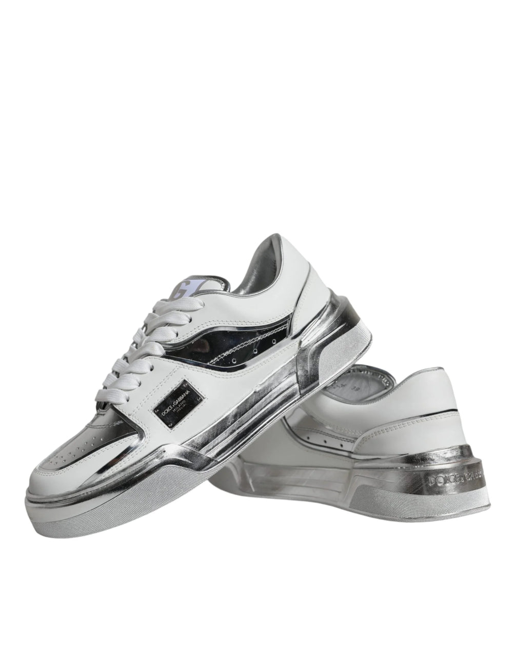Dolce & Gabbana White Silver Leather Low Top Sneakers Shoes - EU39/US8.5