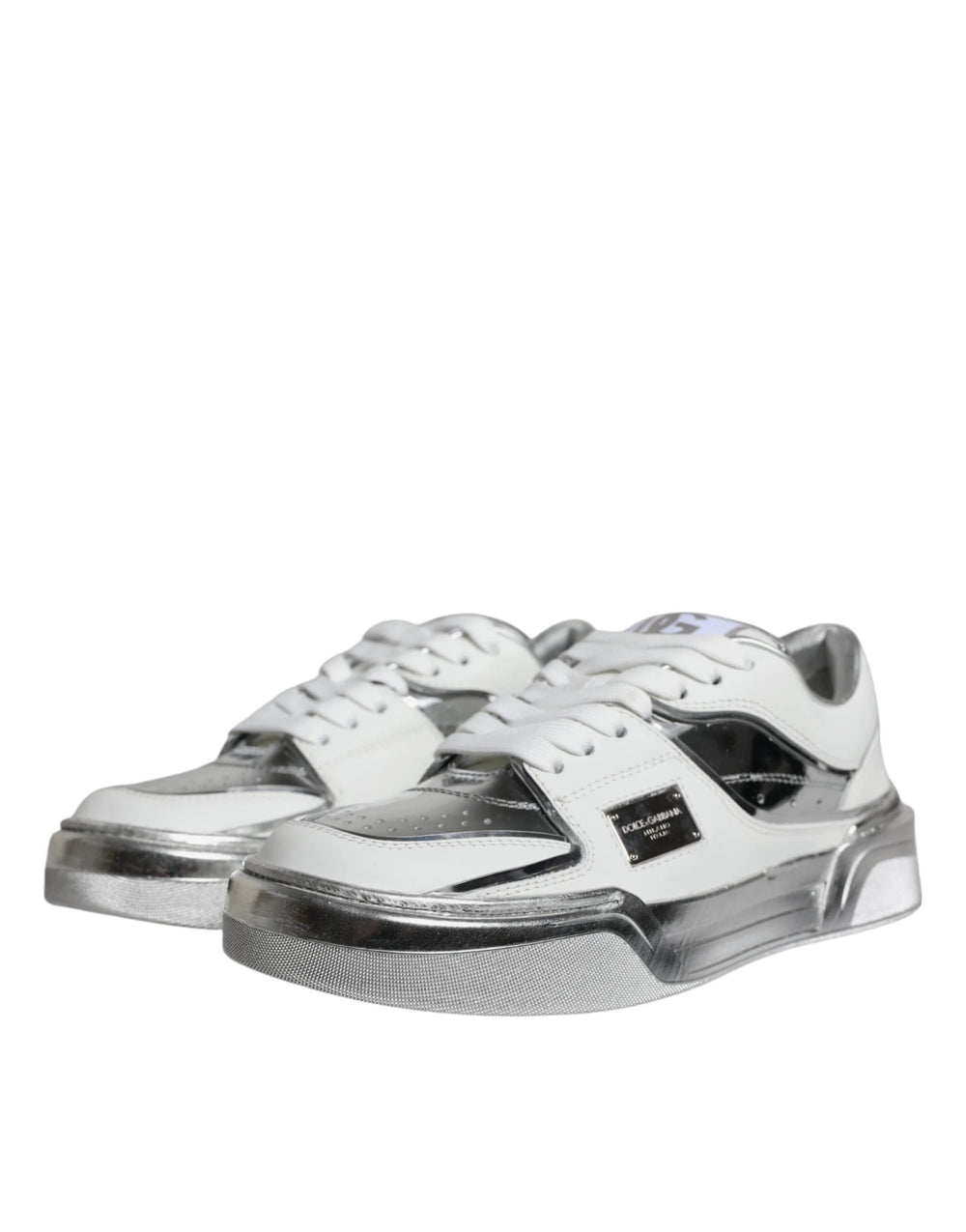 Dolce & Gabbana White Silver Leather Low Top Sneakers Shoes - EU39/US8.5