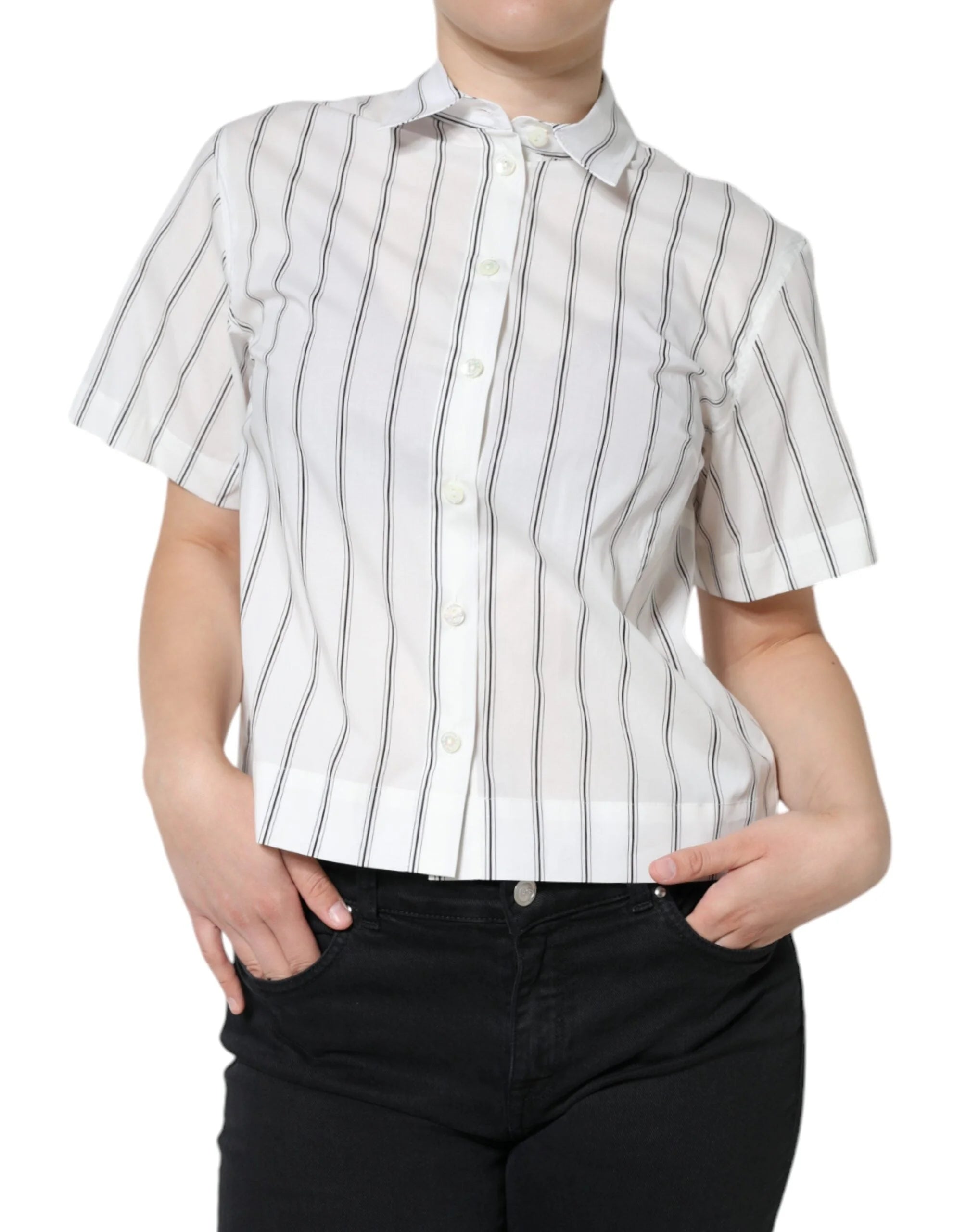 Dolce & Gabbana White Striped Collared Short Sleeve Polo Top - Polos