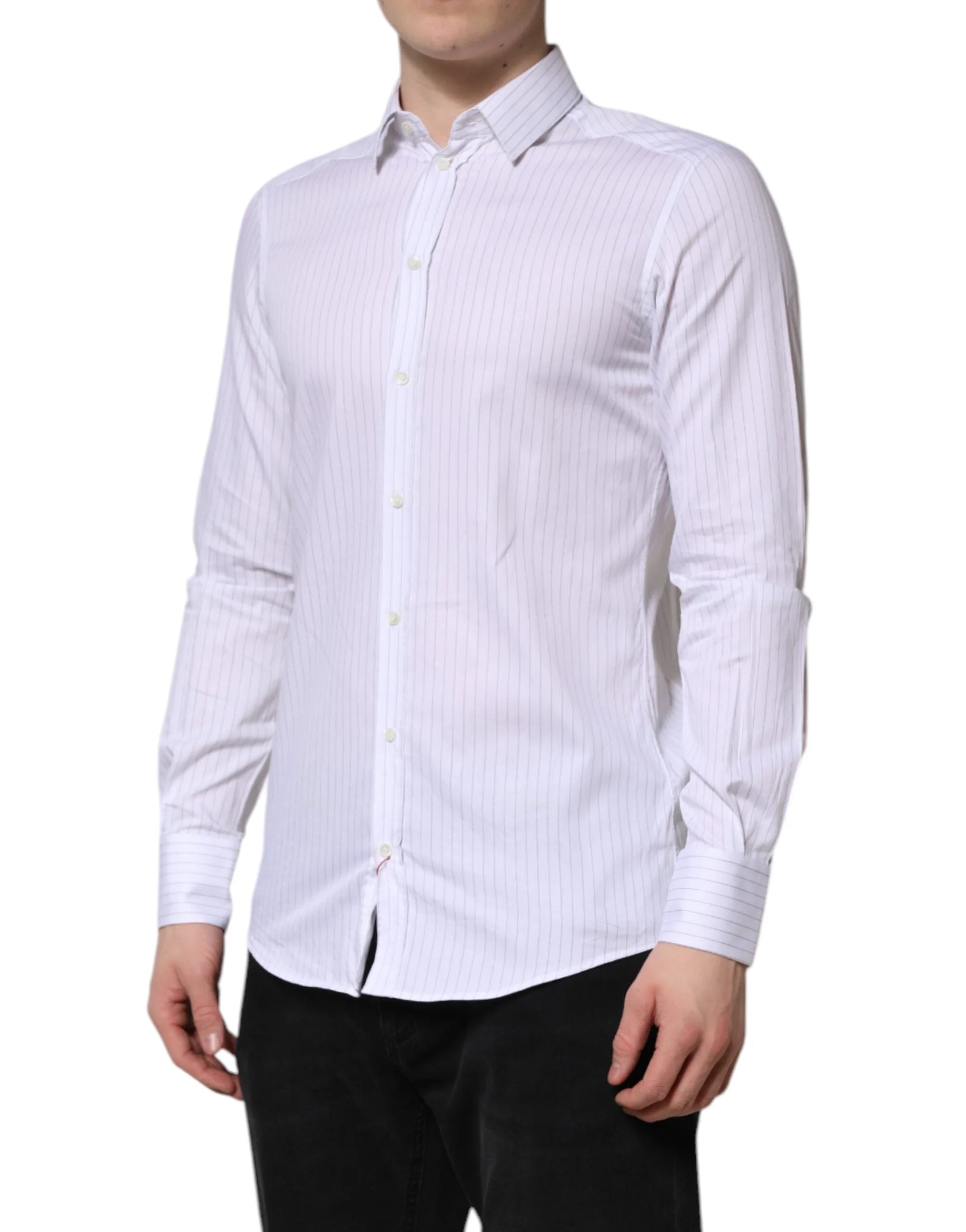 Dolce & Gabbana White Stripes Cotton Long Sleeve Formal Shirt - Shirts