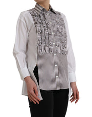 Dolce & Gabbana White Stripes Cotton Long Sleeves Ruffle Collar Top - IT36 | XS - Shirts
