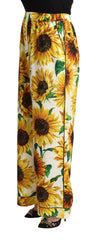 Dolce & Gabbana White Sunflower Print Mid Waist Wide Leg Pants - Trousers