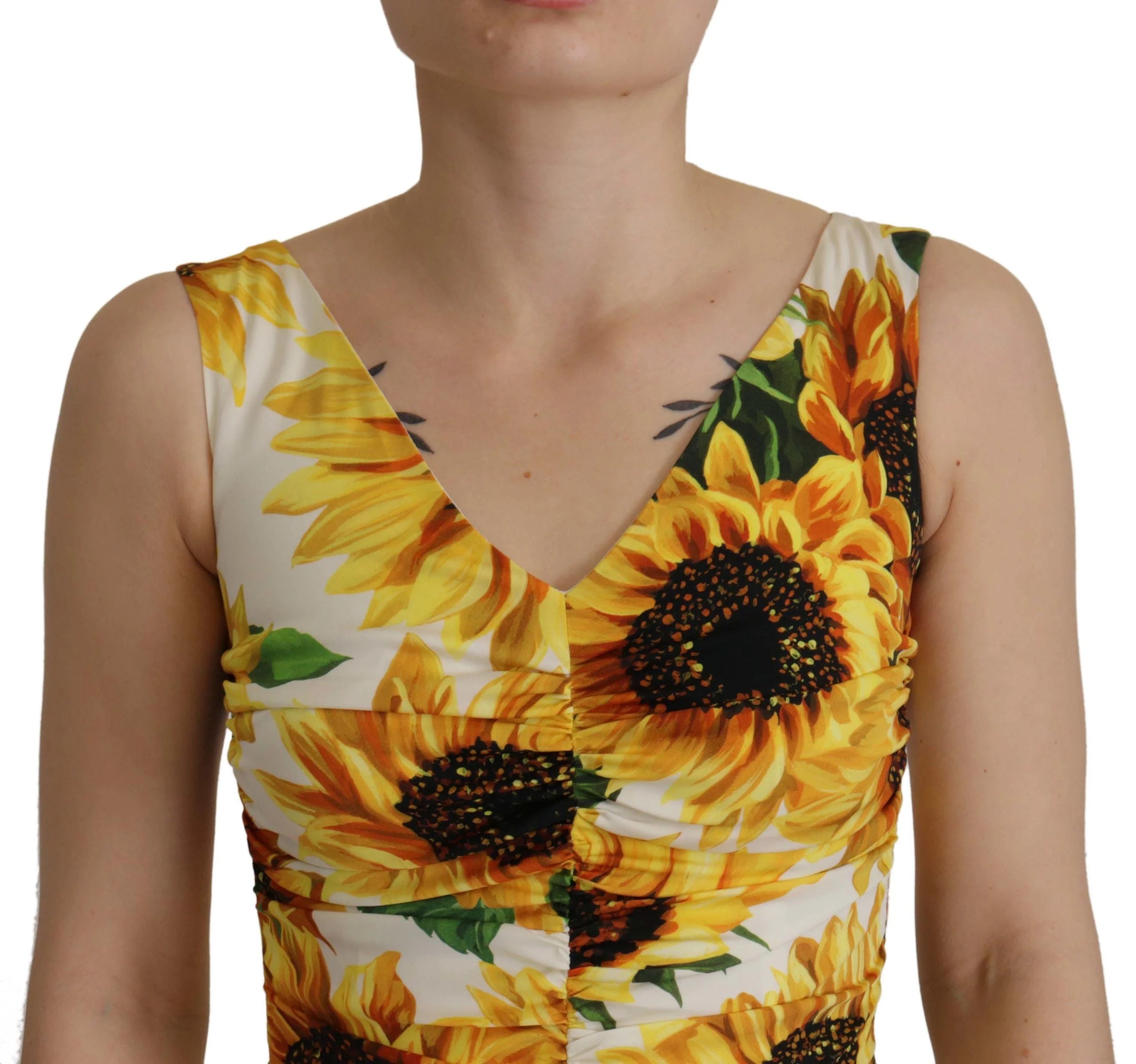 Dolce & Gabbana White Sunflower Print Sheath Midi Silk - IT36|XXS - Dresses