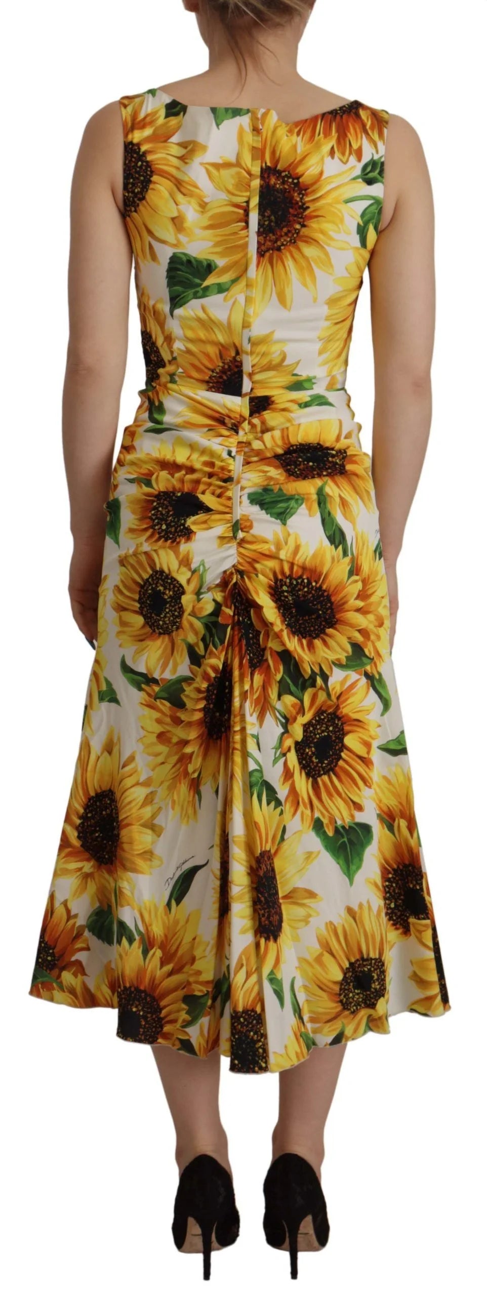 Dolce & Gabbana White Sunflower Print Sheath Midi Silk - IT36|XXS - Dresses