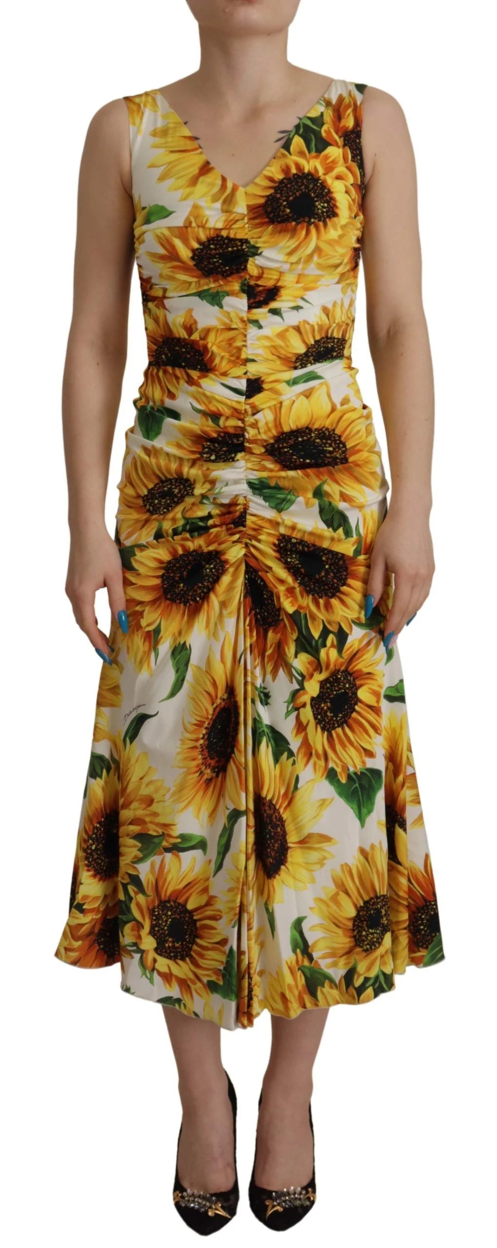 Dolce & Gabbana White Sunflower Print Sheath Midi Silk - IT36|XXS - Dresses