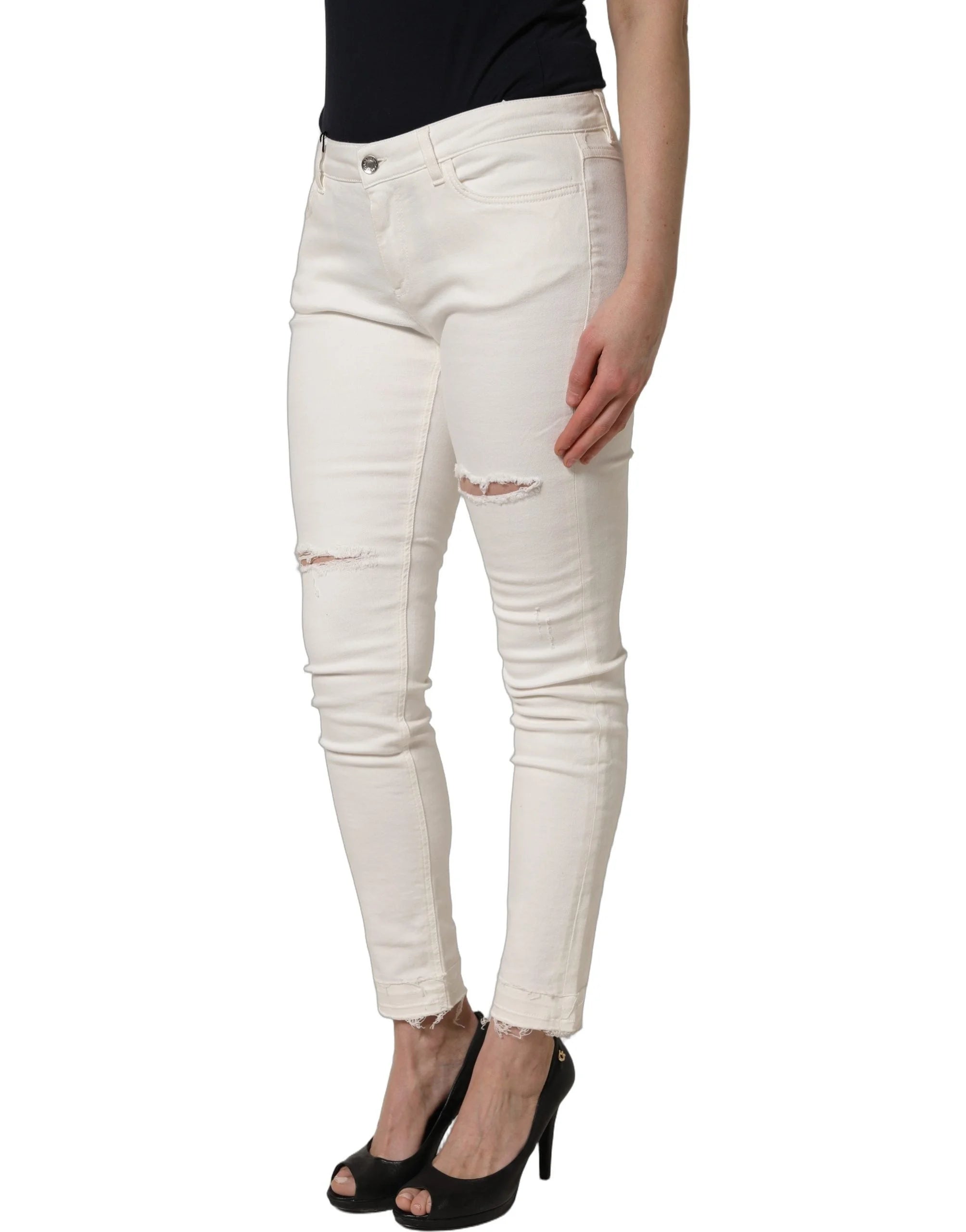 Dolce & Gabbana White Tattered Skinny Cotton Denim Jeans - IT44 | L