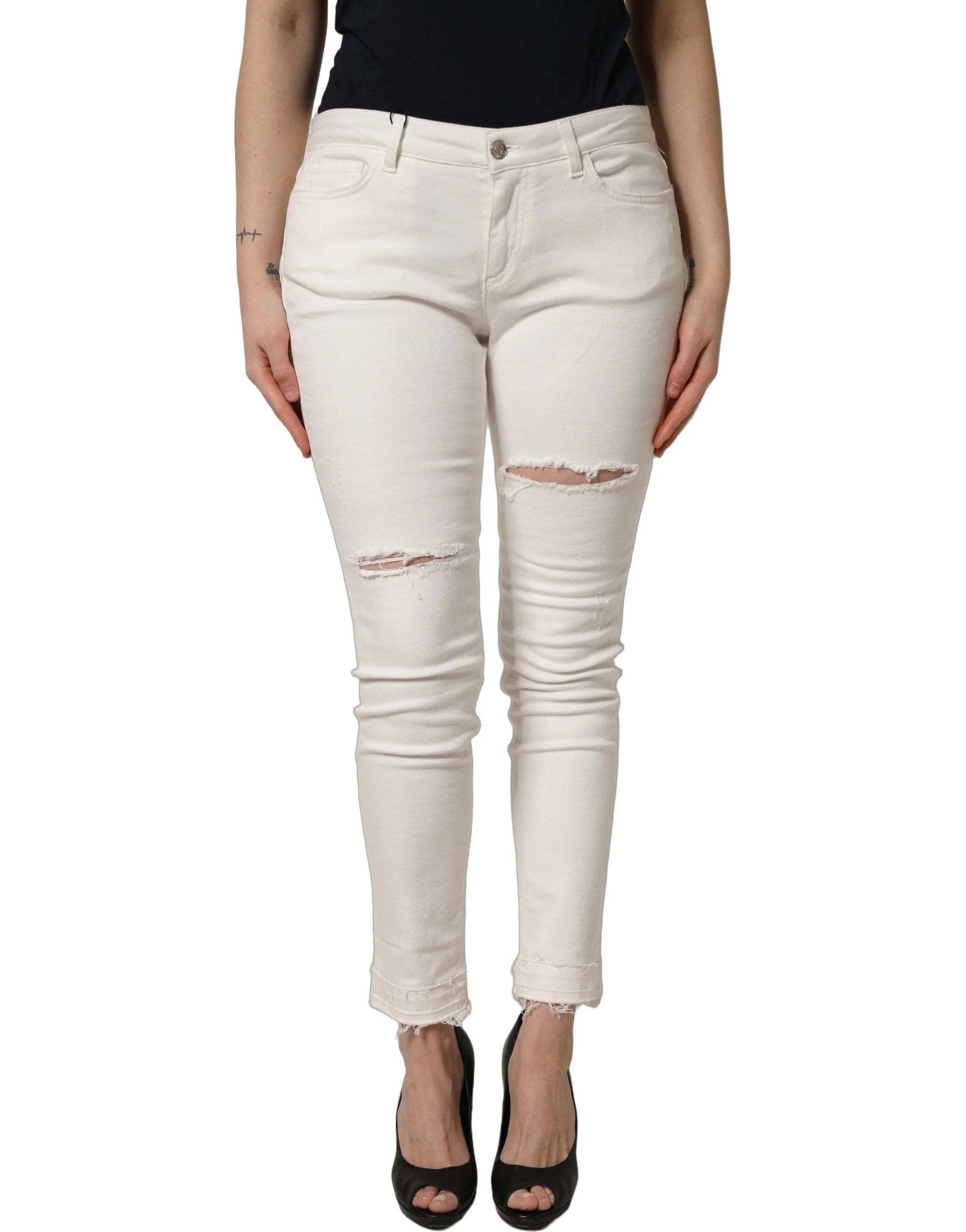 Dolce & Gabbana White Tattered Skinny Cotton Denim Jeans - IT44 | L
