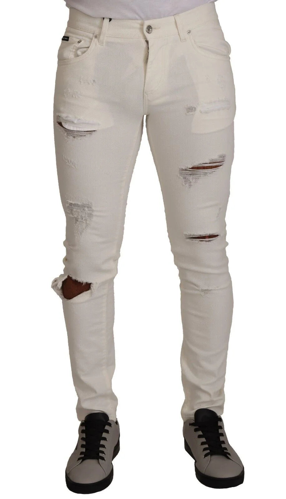 Dolce & Gabbana White Tattered Skinny Cotton Men Denim Jeans - IT46 | S - Jeans
