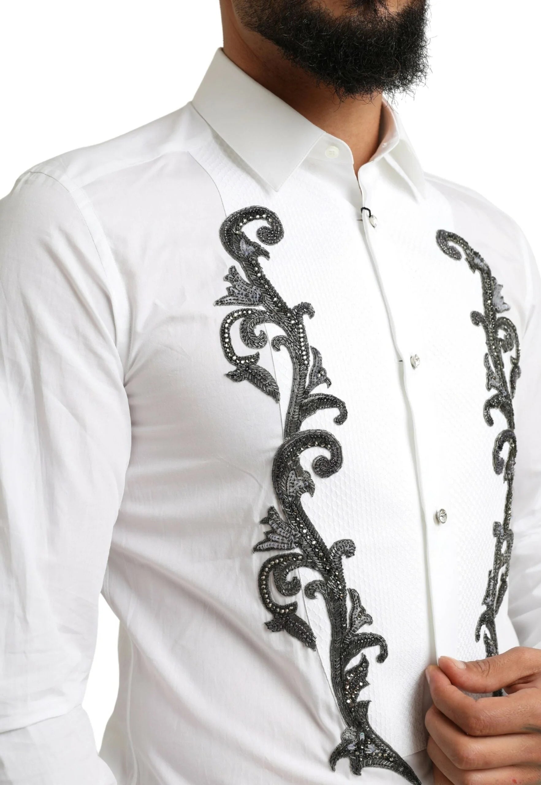 Dolce & Gabbana White Tuxedo Slim Fit Baroque Shirt - IT38 | XS - Shirts