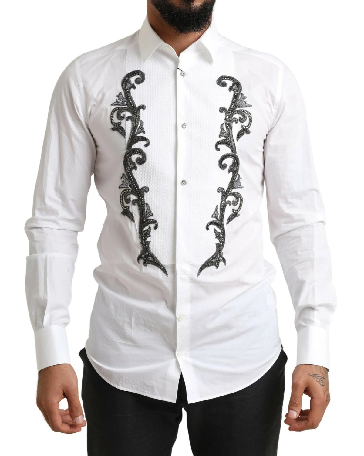 Dolce & Gabbana White Tuxedo Slim Fit Baroque Shirt - IT38 | XS - Shirts