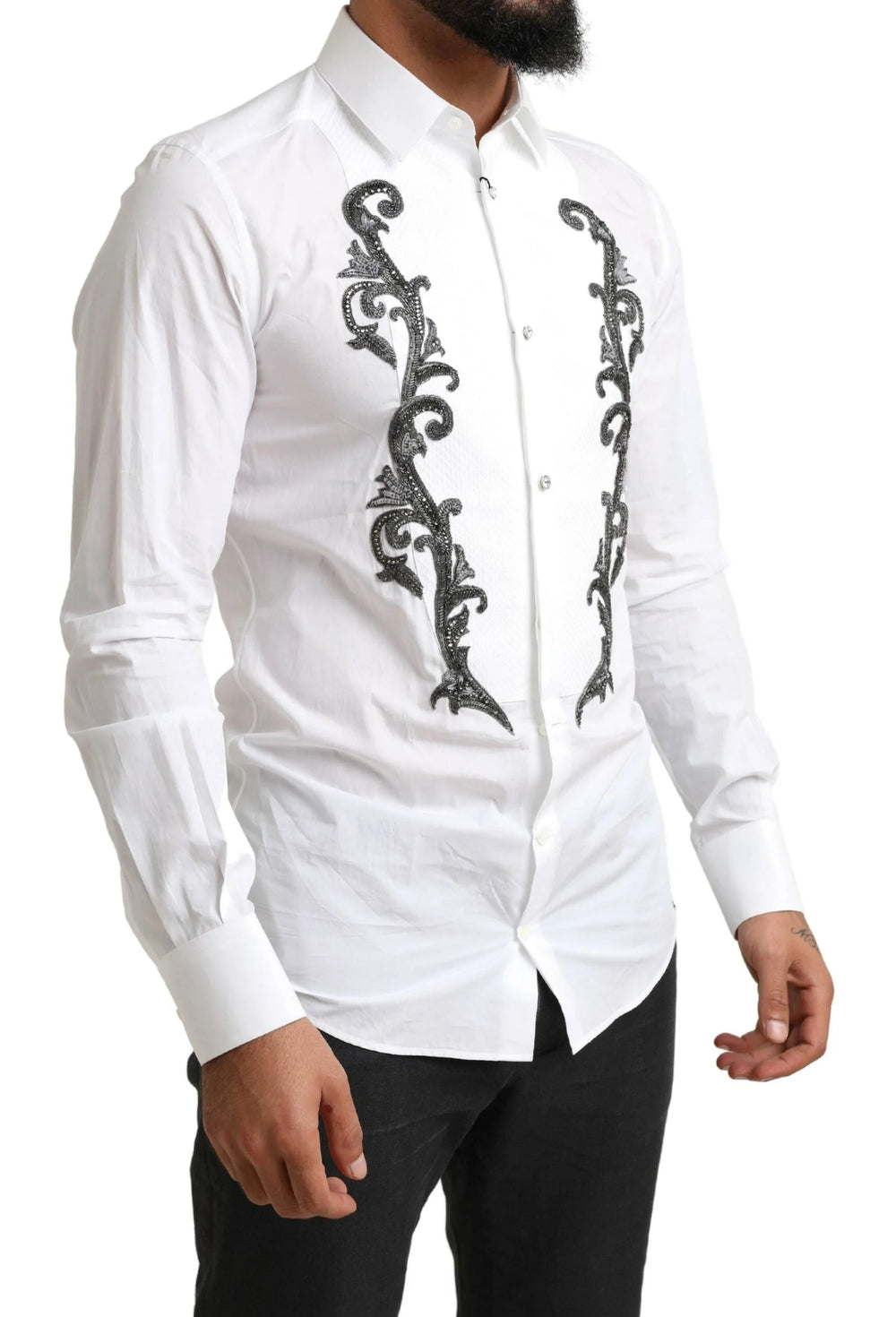 Dolce & Gabbana White Tuxedo Slim Fit Baroque Shirt - IT38 | XS - Shirts