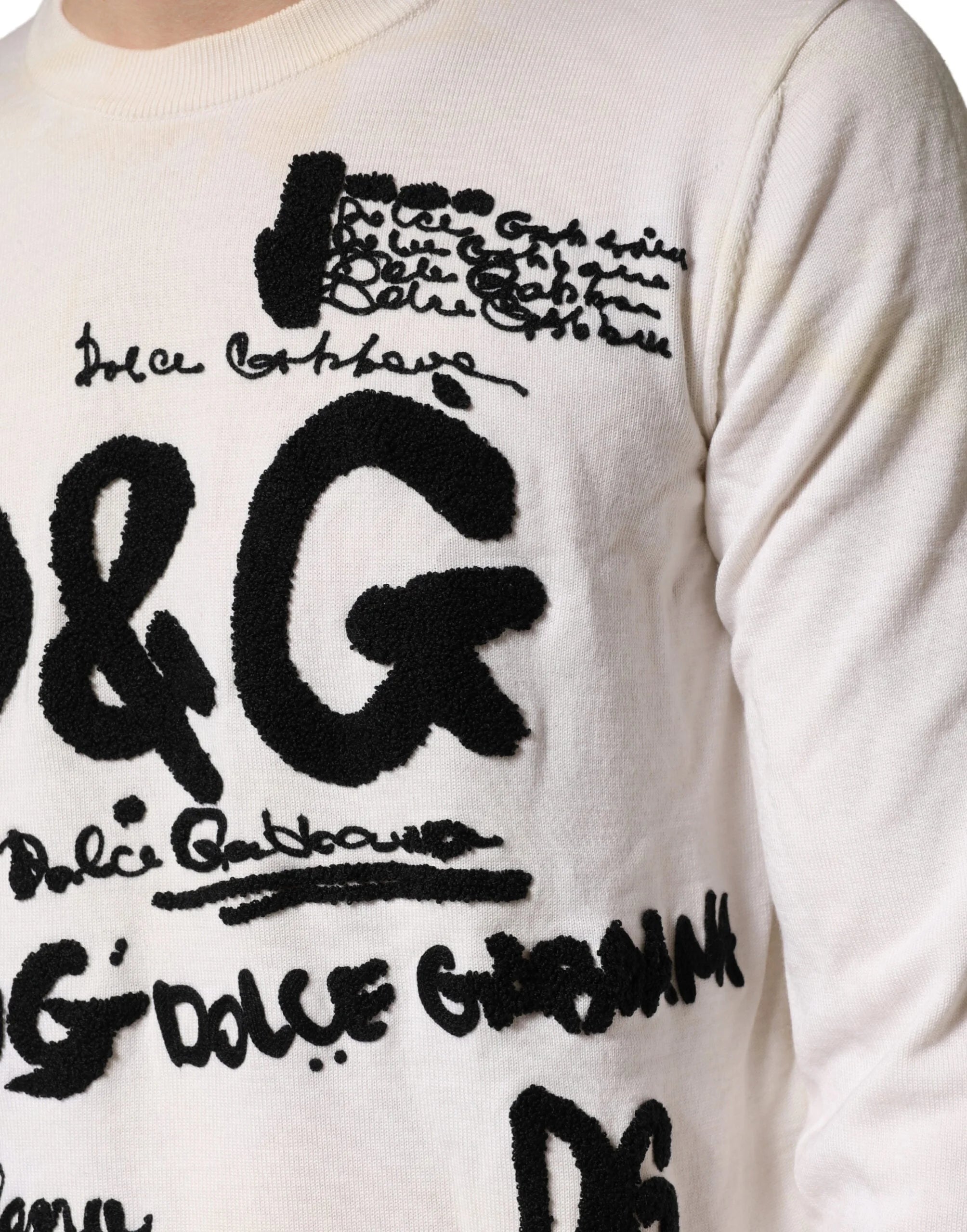 Dolce & Gabbana White Virgin Wool Graphic Logo Crewneck Sweater - IT50 | L
