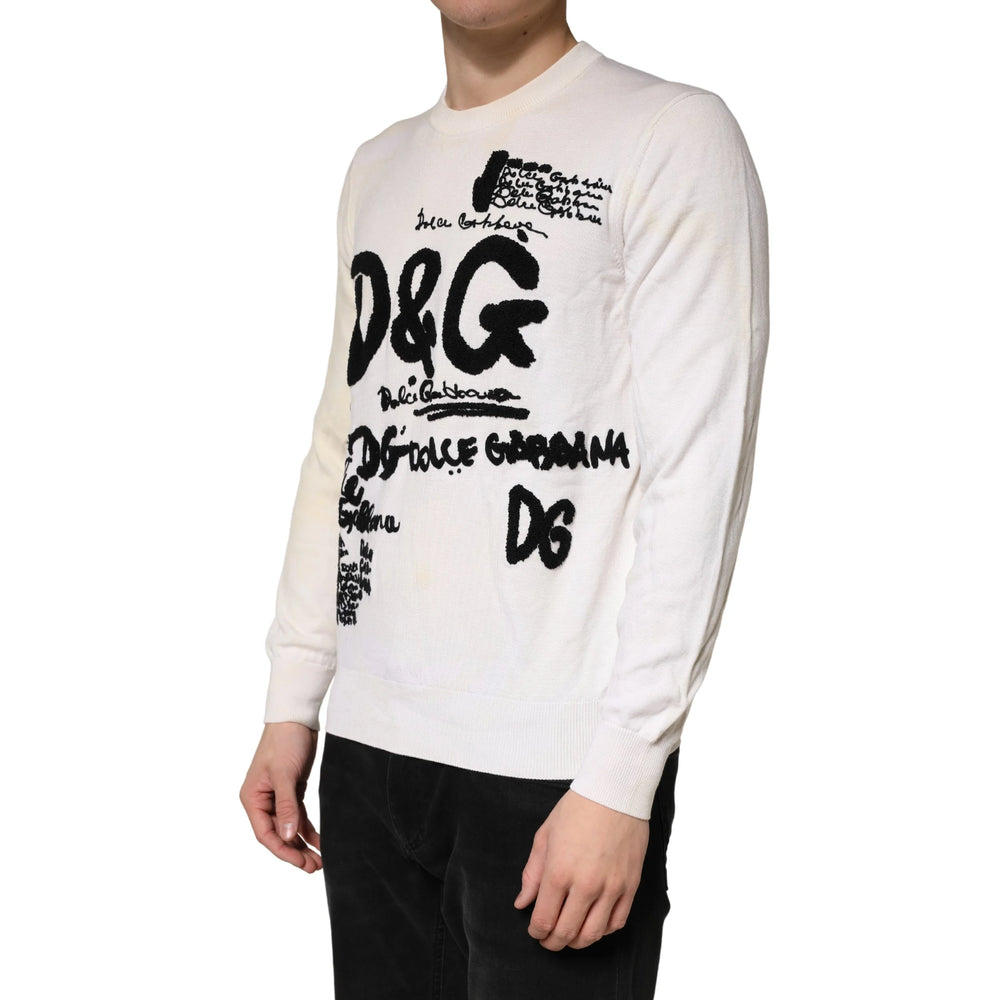 Dolce & Gabbana White Virgin Wool Graphic Logo Crewneck Sweater - IT50 | L