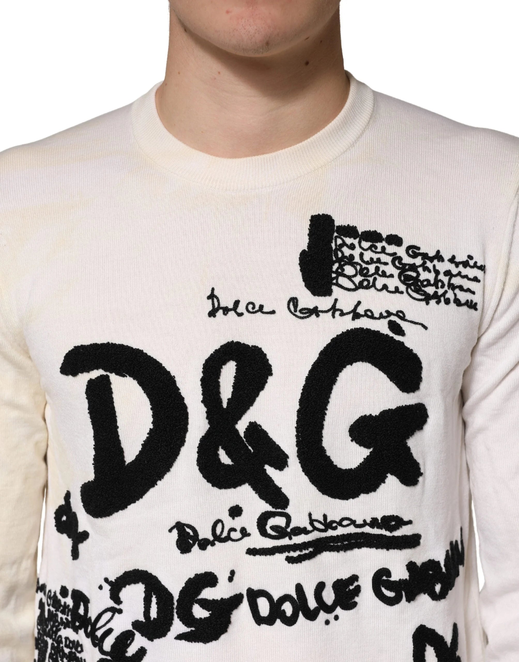 Dolce & Gabbana White Virgin Wool Graphic Logo Crewneck Sweater - IT50 | L