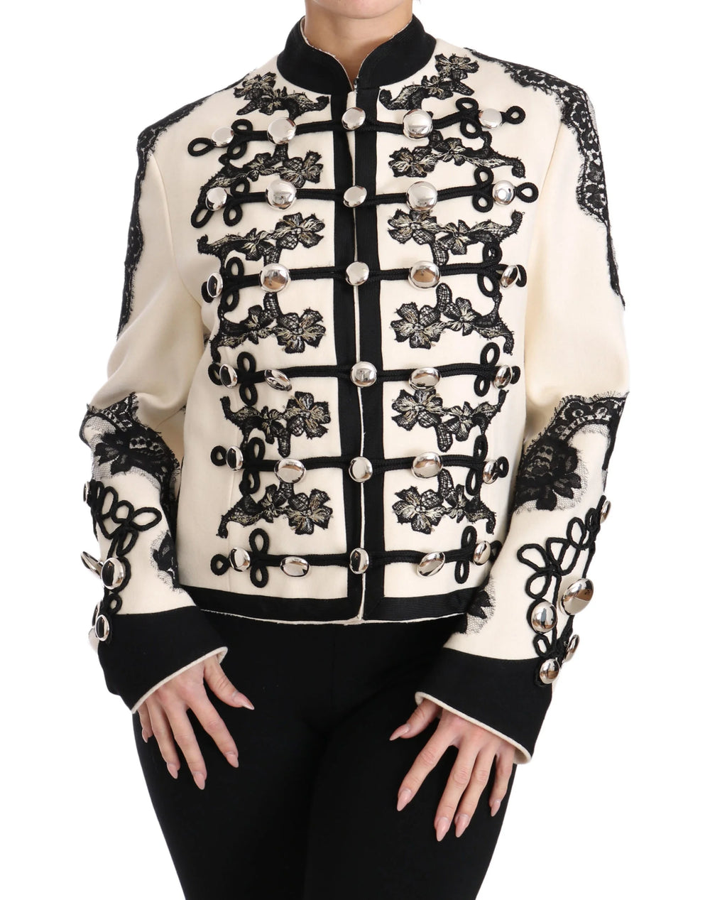 Dolce & Gabbana White Wool Black Floral Baroque Jacket - IT36 | XS - Coats & Jackets