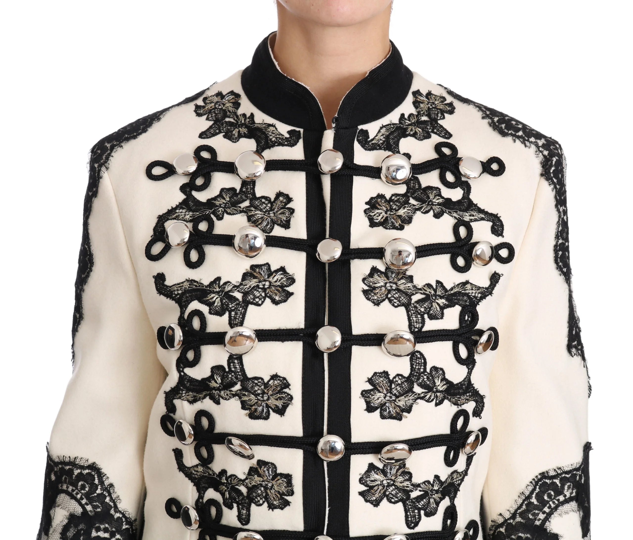 Dolce & Gabbana White Wool Black Floral Baroque Jacket - IT36 | XS - Coats & Jackets