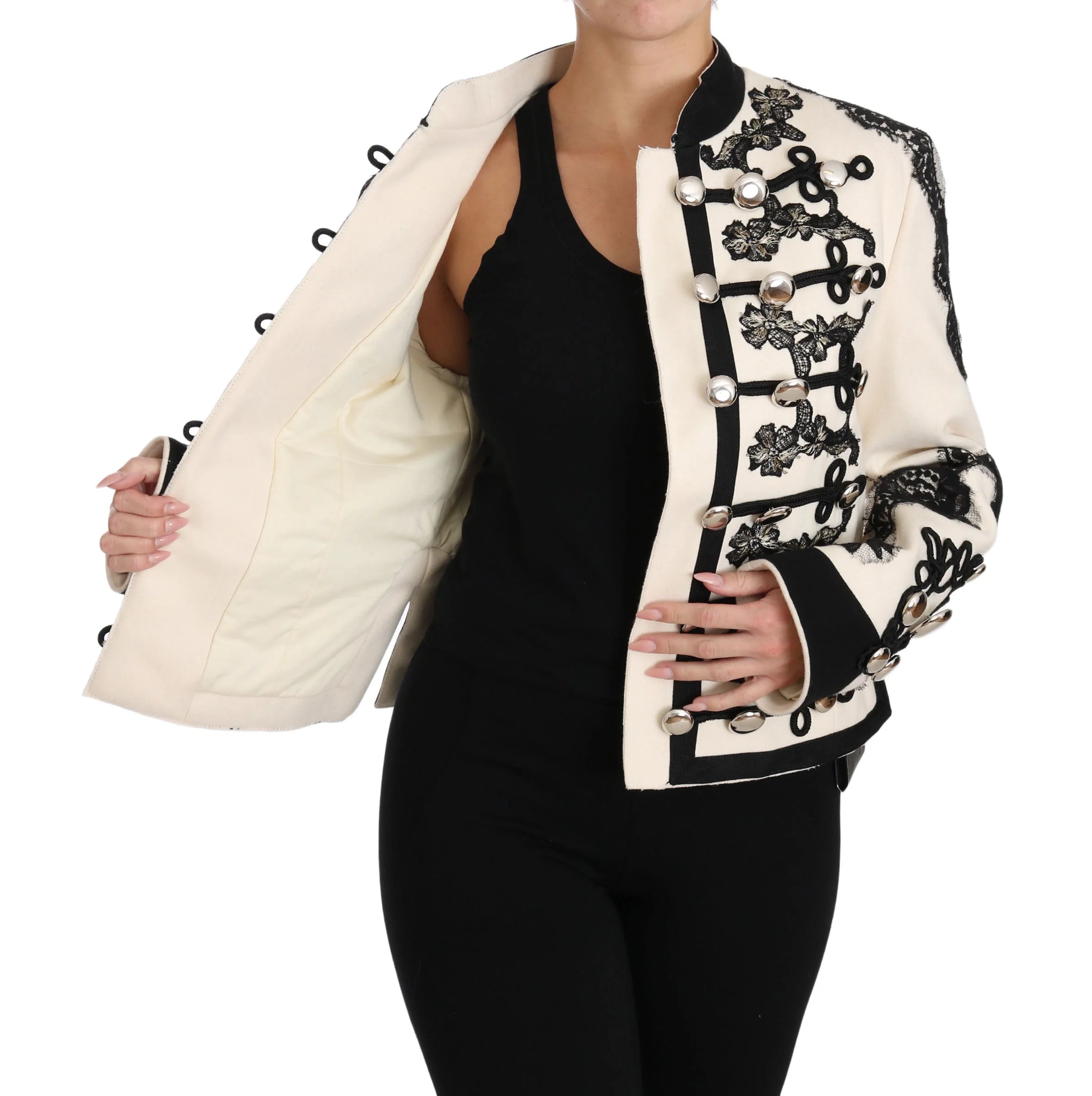 Dolce & Gabbana White Wool Black Floral Baroque Jacket - IT36 | XS - Coats & Jackets