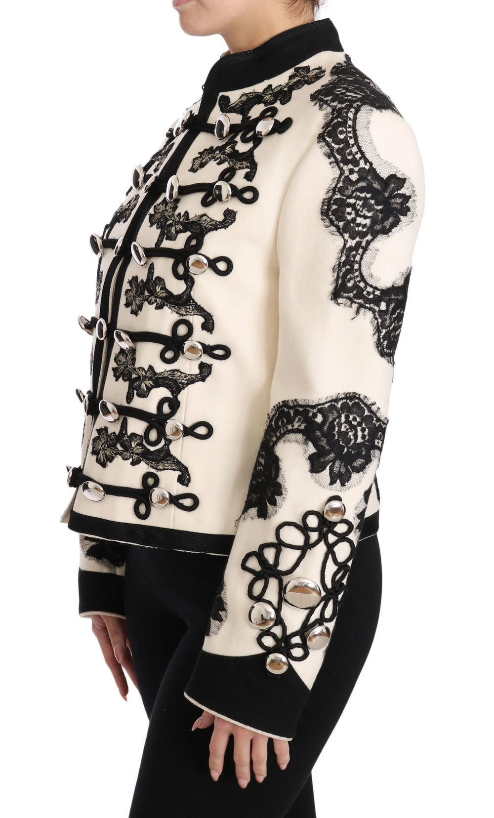 Dolce & Gabbana White Wool Black Floral Baroque Jacket - IT36 | XS - Coats & Jackets
