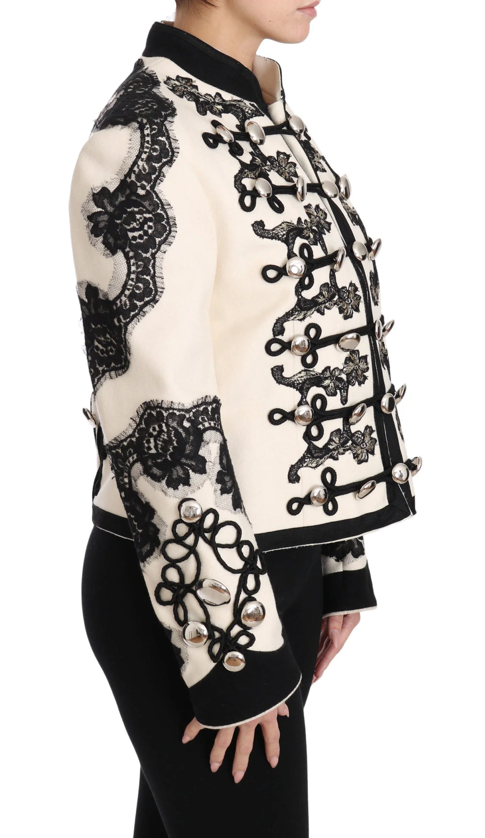 Dolce & Gabbana White Wool Black Floral Baroque Jacket - IT36 | XS - Coats & Jackets