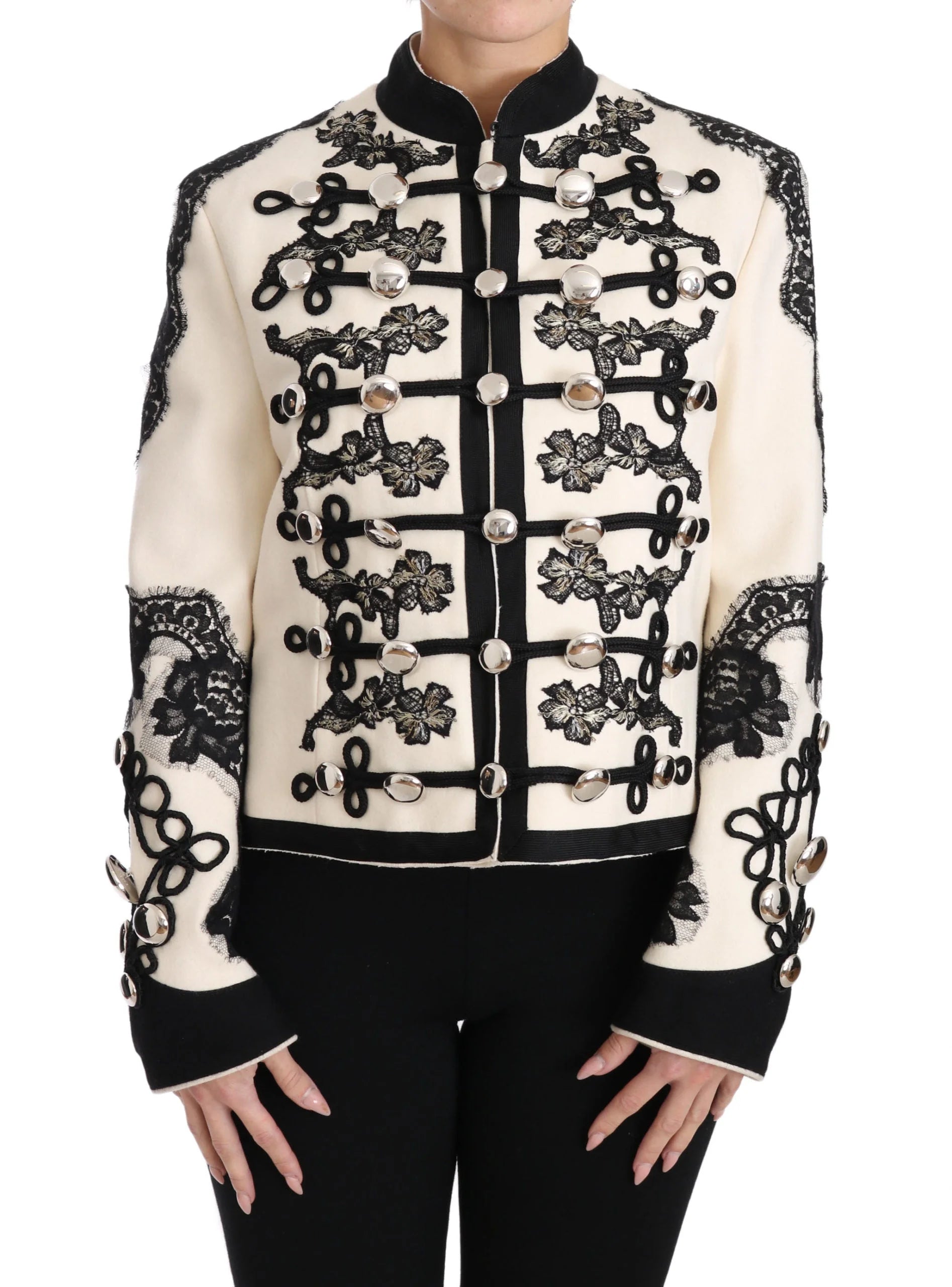 Dolce & Gabbana White Wool Black Floral Baroque Jacket - IT36 | XS - Coats & Jackets