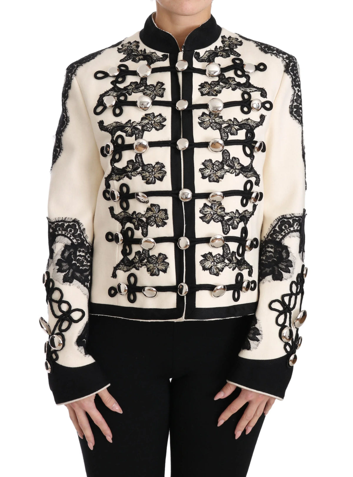 Dolce & Gabbana White Wool Black Floral Baroque Jacket - IT36 | XS - Coats & Jackets