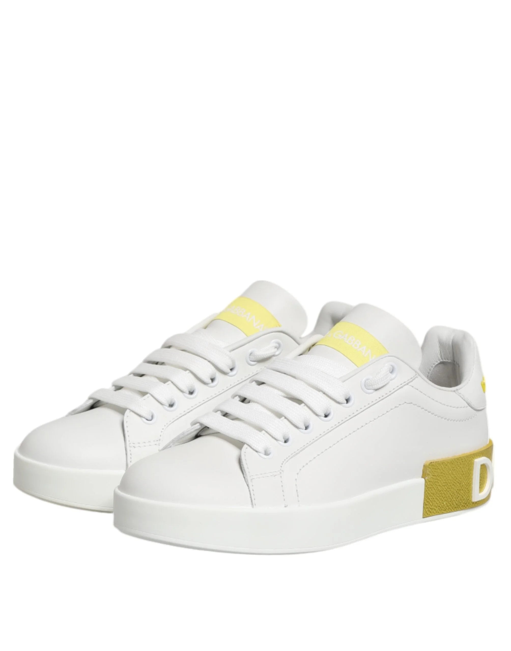Dolce & Gabbana White Yellow Leather Low Top Sneakers Shoes - EU35.5/US5 - Sneakers