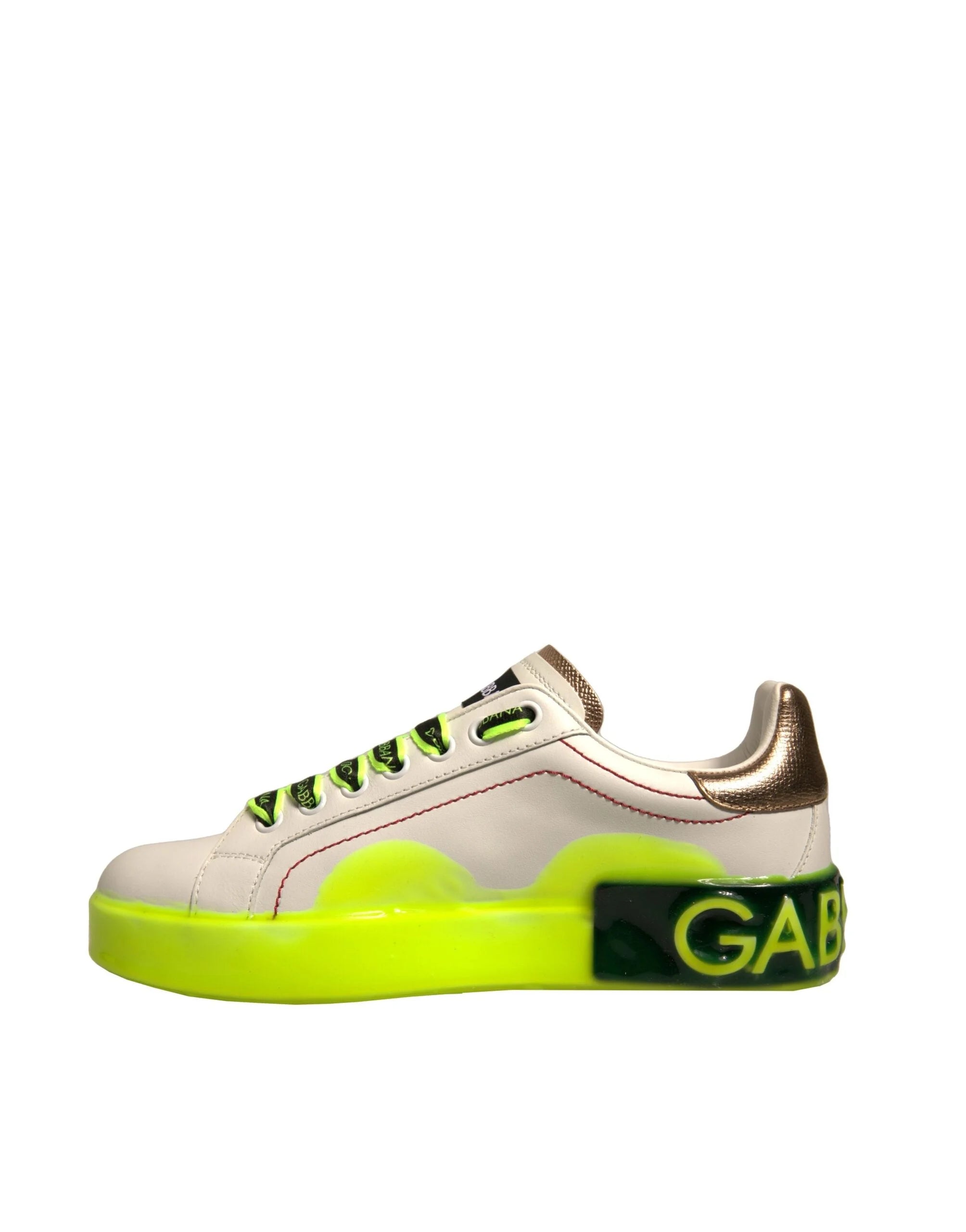 Dolce & Gabbana White Yellow Portofino Leather Sneakers Shoes - Sneakers