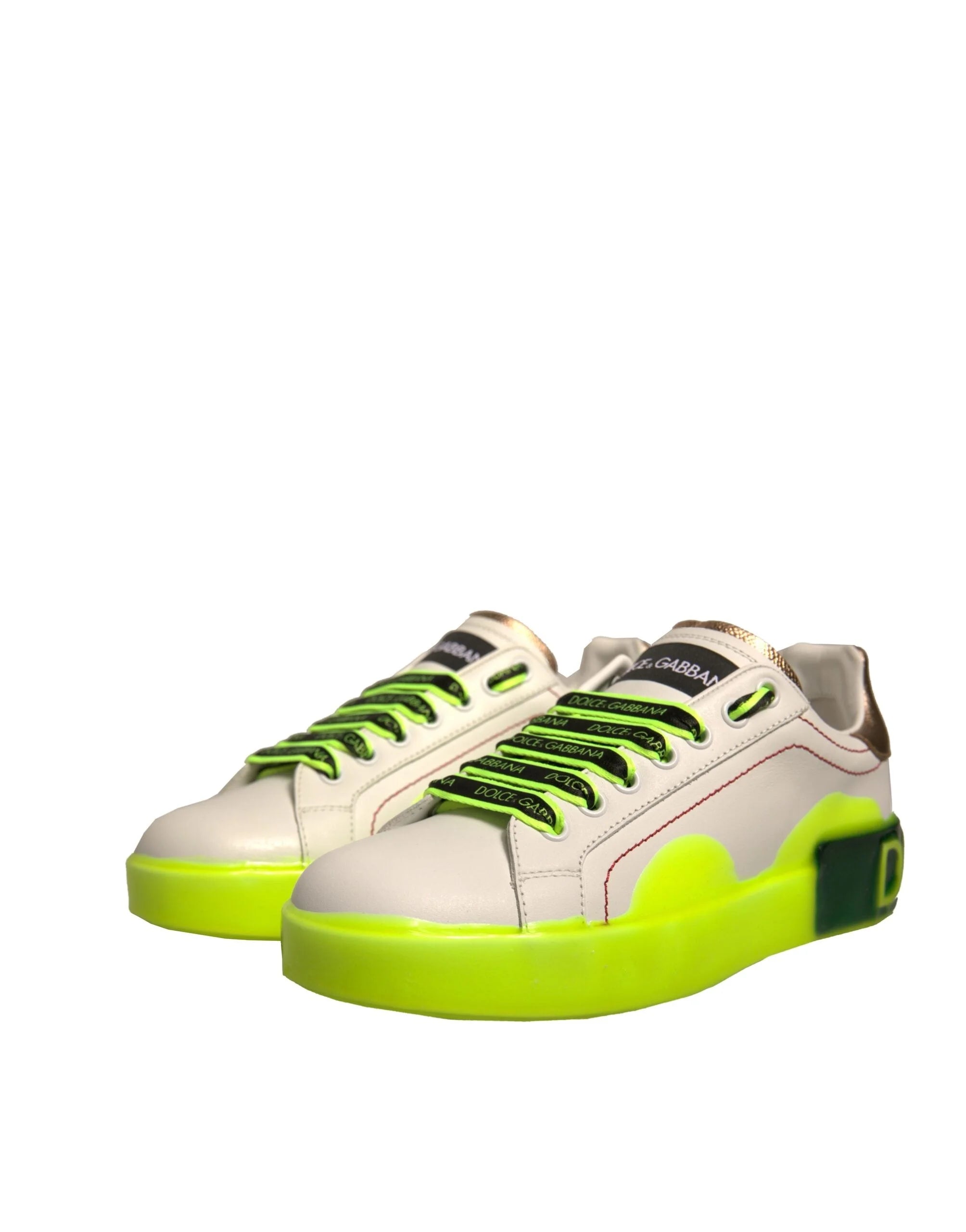 Dolce & Gabbana White Yellow Portofino Leather Sneakers Shoes - Sneakers