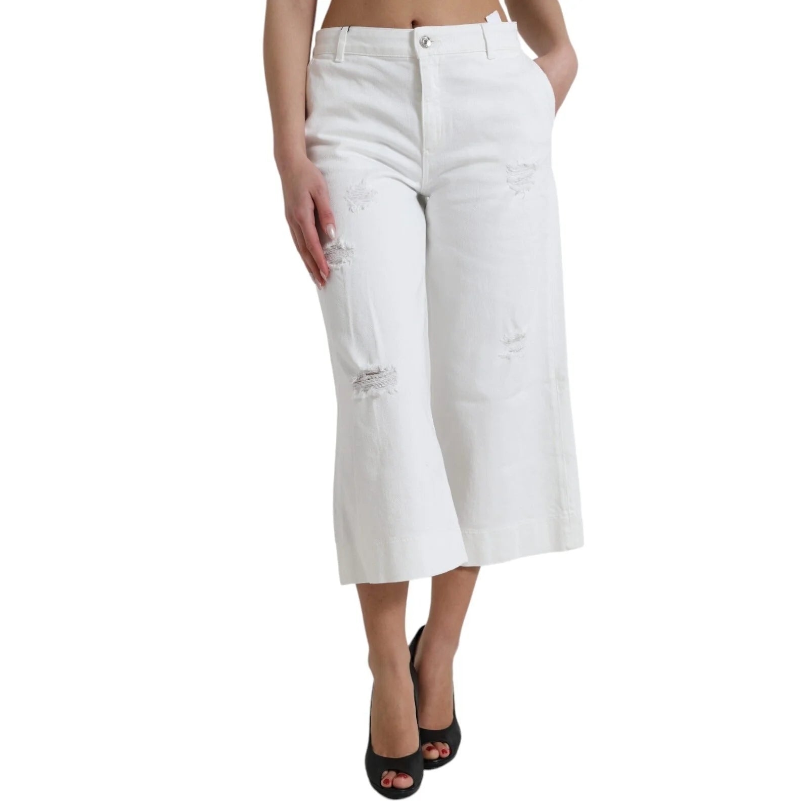 Dolce & Gabbana Wide Leg White Cotton Cropped Denim Jeans - IT42|M