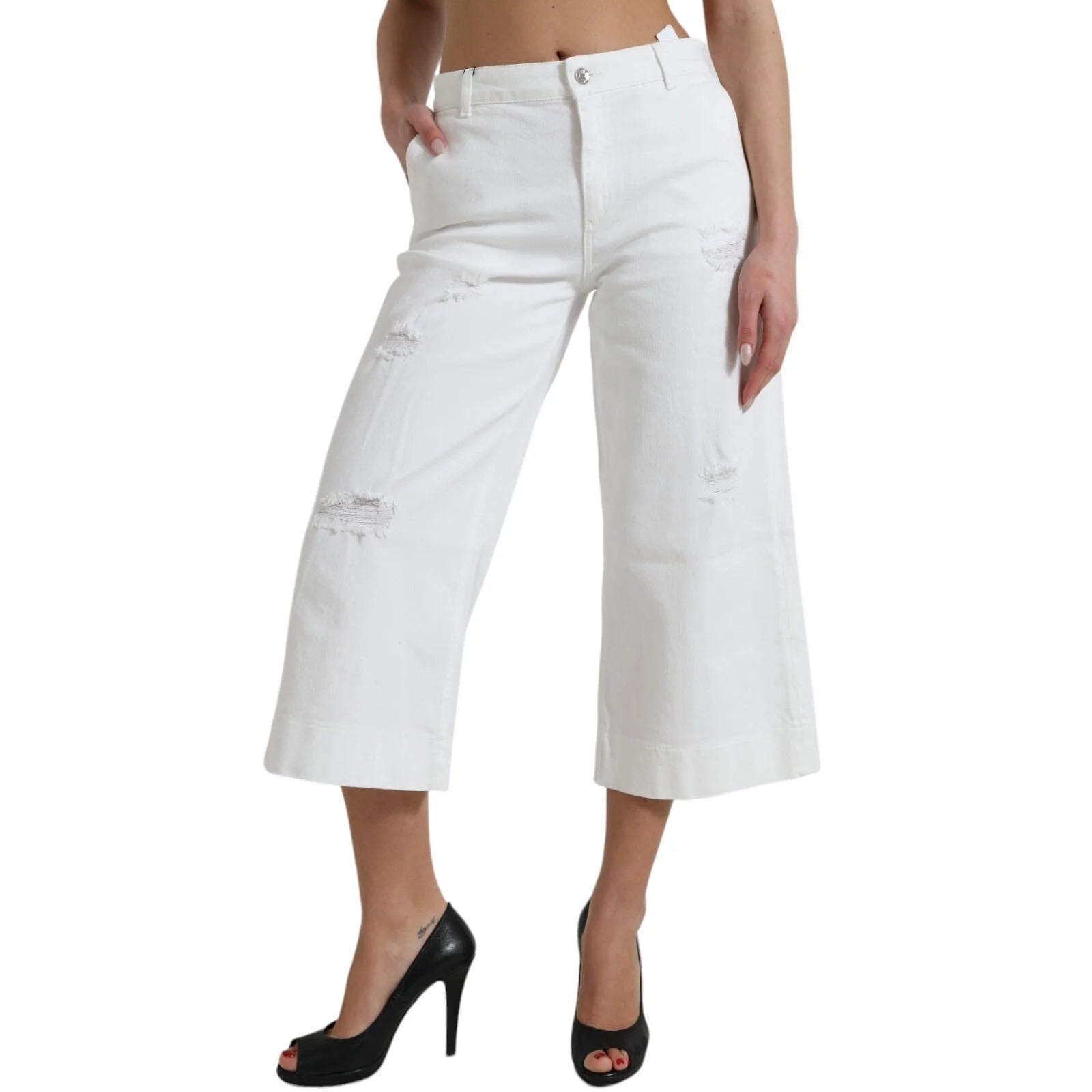 Dolce & Gabbana Wide Leg White Cotton Cropped Denim Jeans - IT42|M