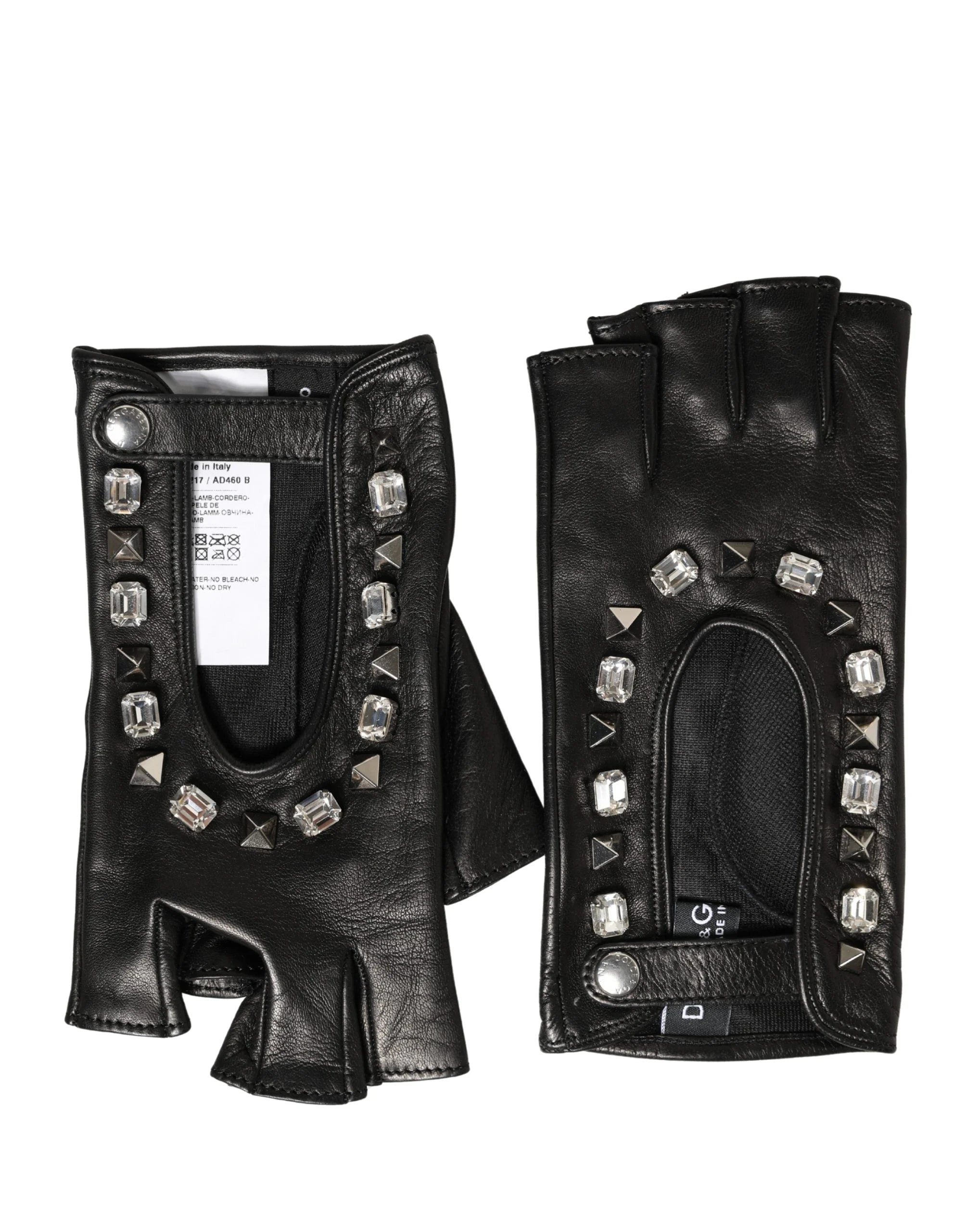 Dolce & Gabbana black lamb leather mittens featuring ornate crystal and gold-tone floral embellishments on the front.
