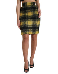 Dolce & Gabbana Yellow Black Brushed Checked Wool Pencil Cut Skirt - IT40|S - Skirts