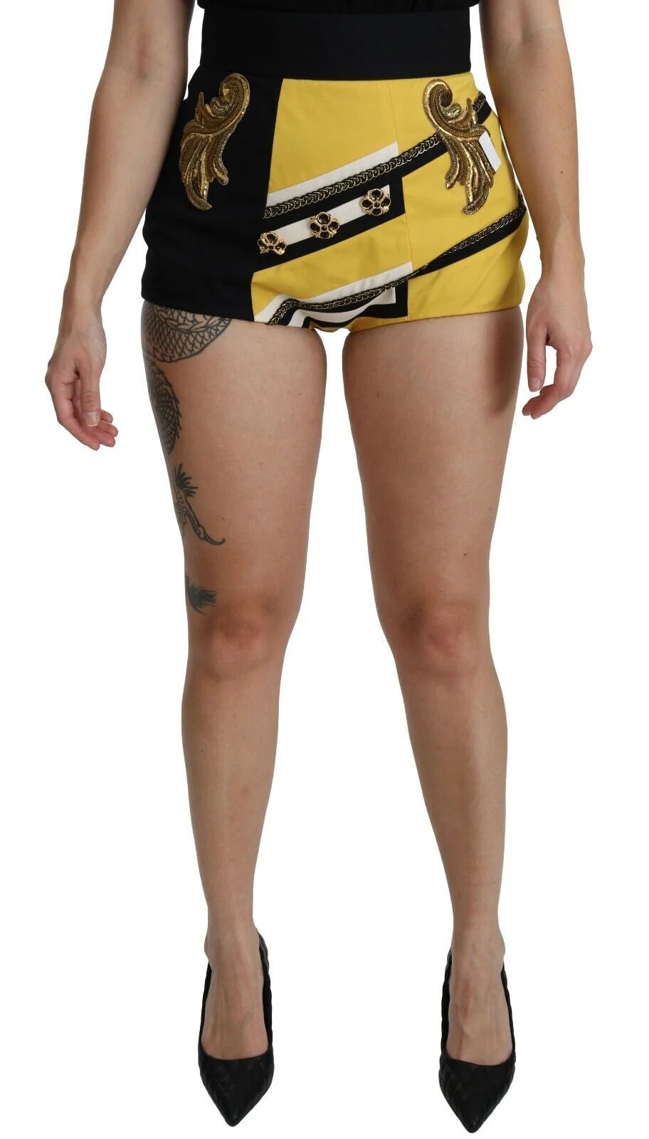 Dolce & Gabbana Yellow Black Cotton Jewelled Hot Pants Shorts - Short Trousers