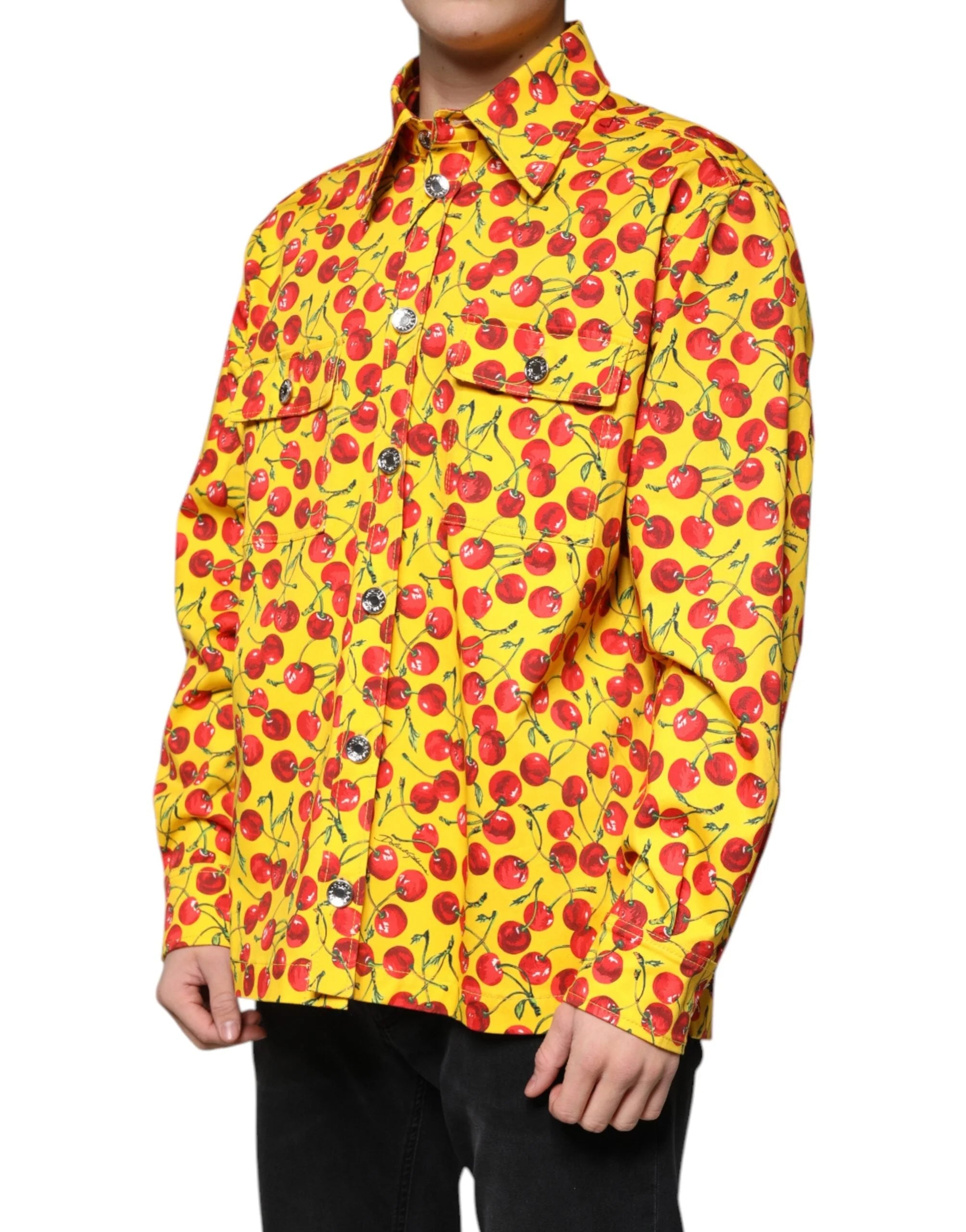 Dolce & Gabbana Yellow Cherry Button Down Men Casual Shirt - IT54 | XL - Shirts