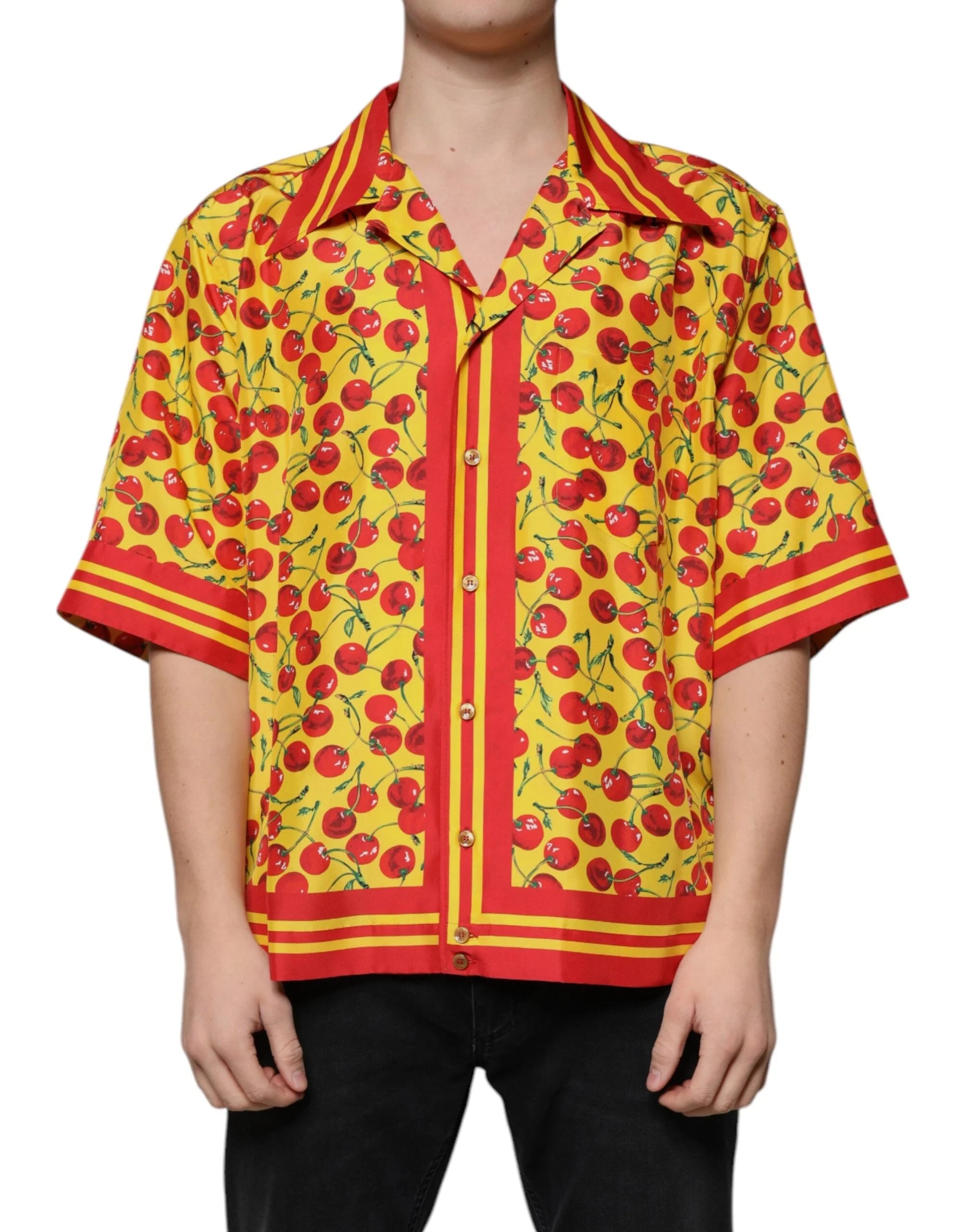 Dolce & Gabbana Yellow Cherry Button Down Silk Casual Shirt - IT43 | 2XL - Shirts