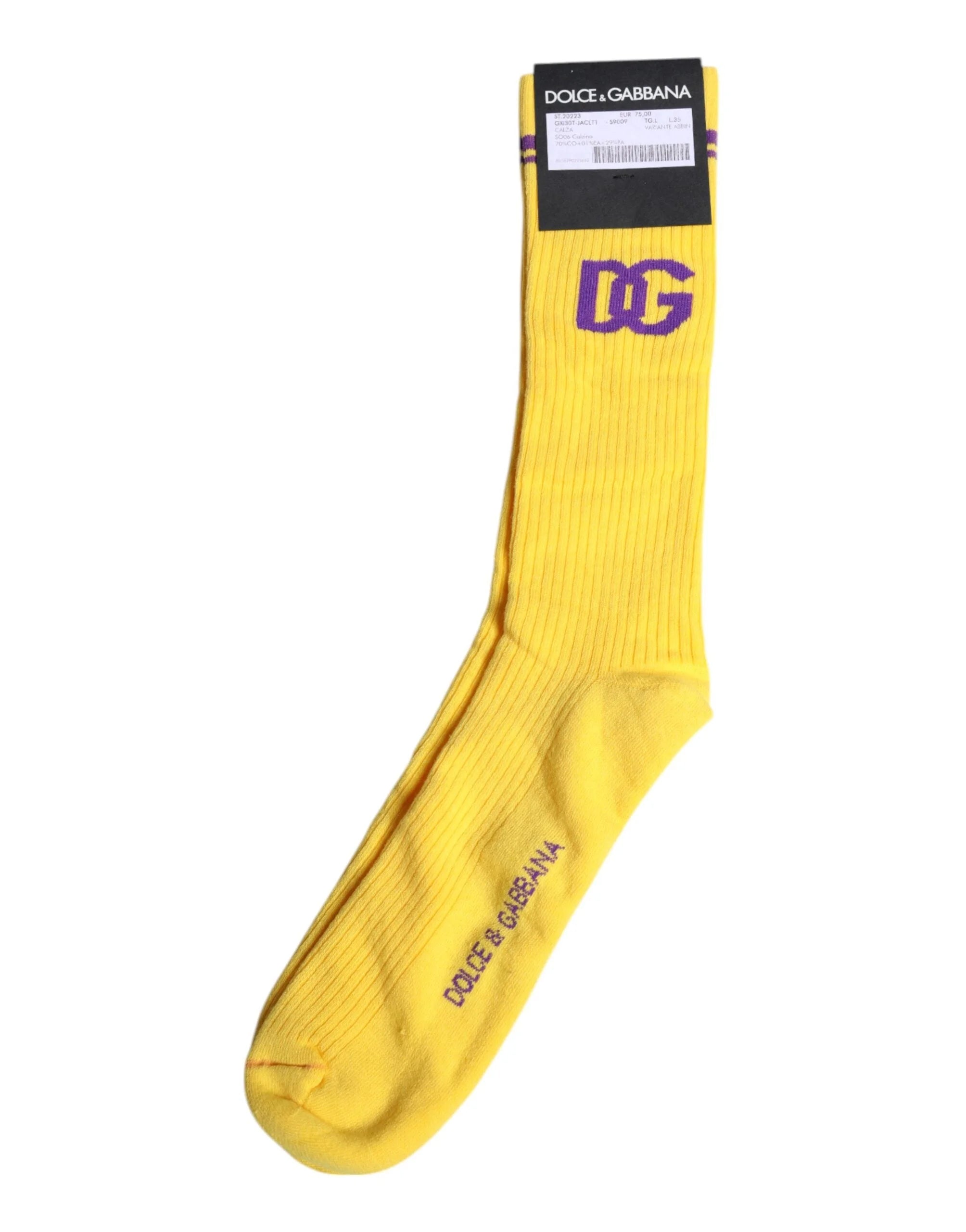 Dolce & Gabbana Yellow Cotton DG Logo Mid Calf Socks - Crew Socks
