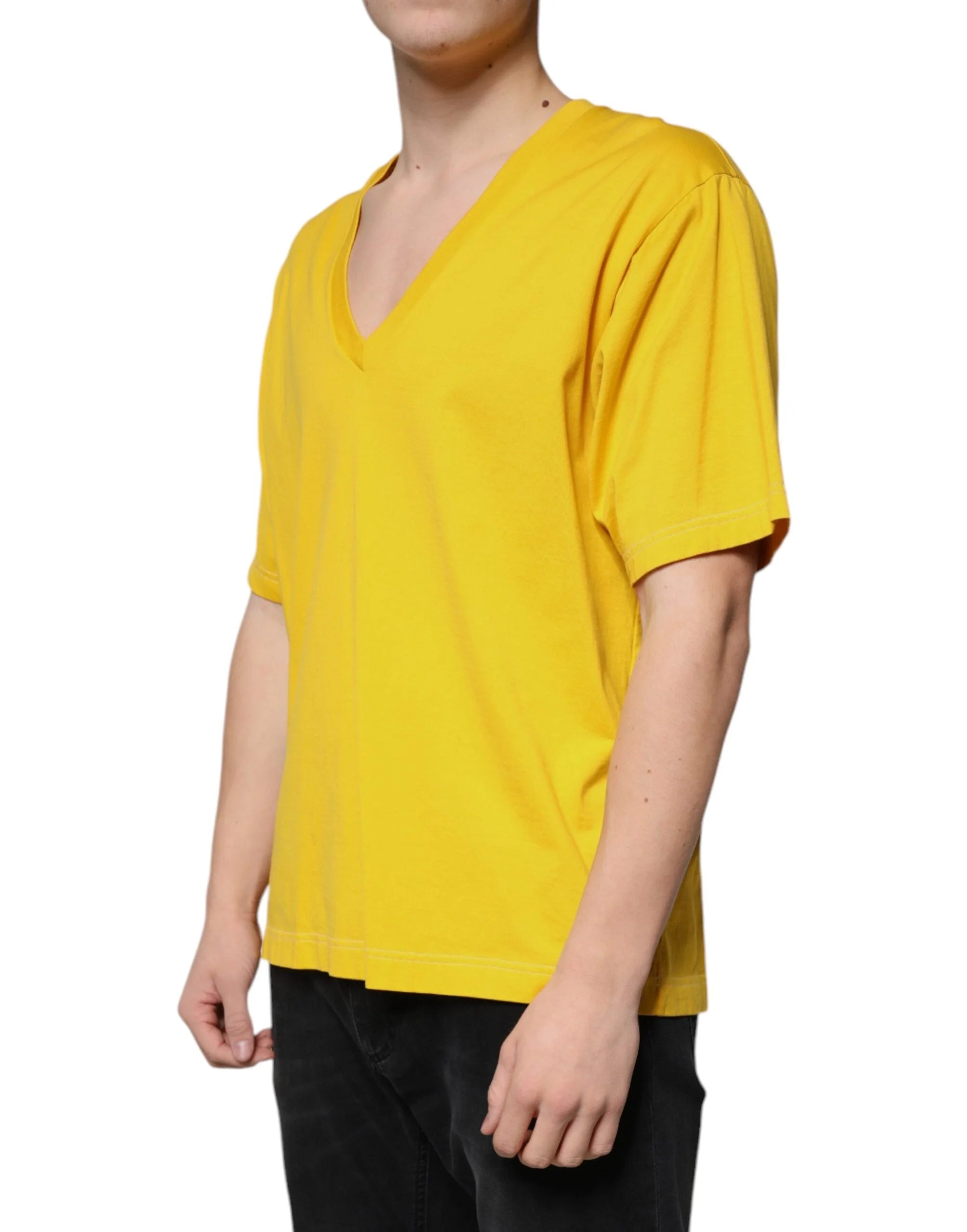 Dolce & Gabbana Yellow Cotton V-neck Short Sleeves T-shirt - IT54 | XL - T-Shirts