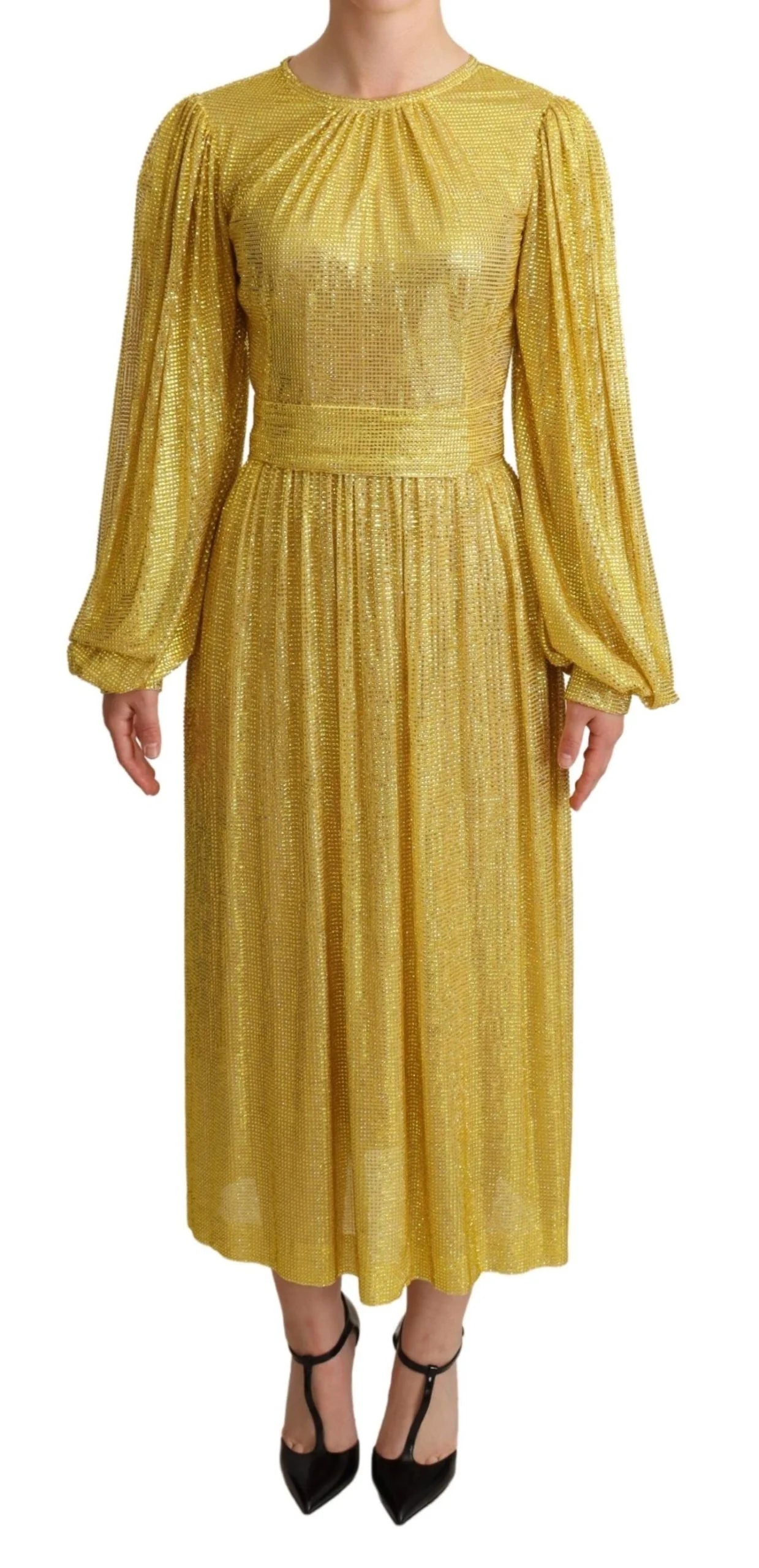 Dolce & Gabbana Yellow Crystal Mesh Pleated Maxi Dress - IT38|XS - Dresses