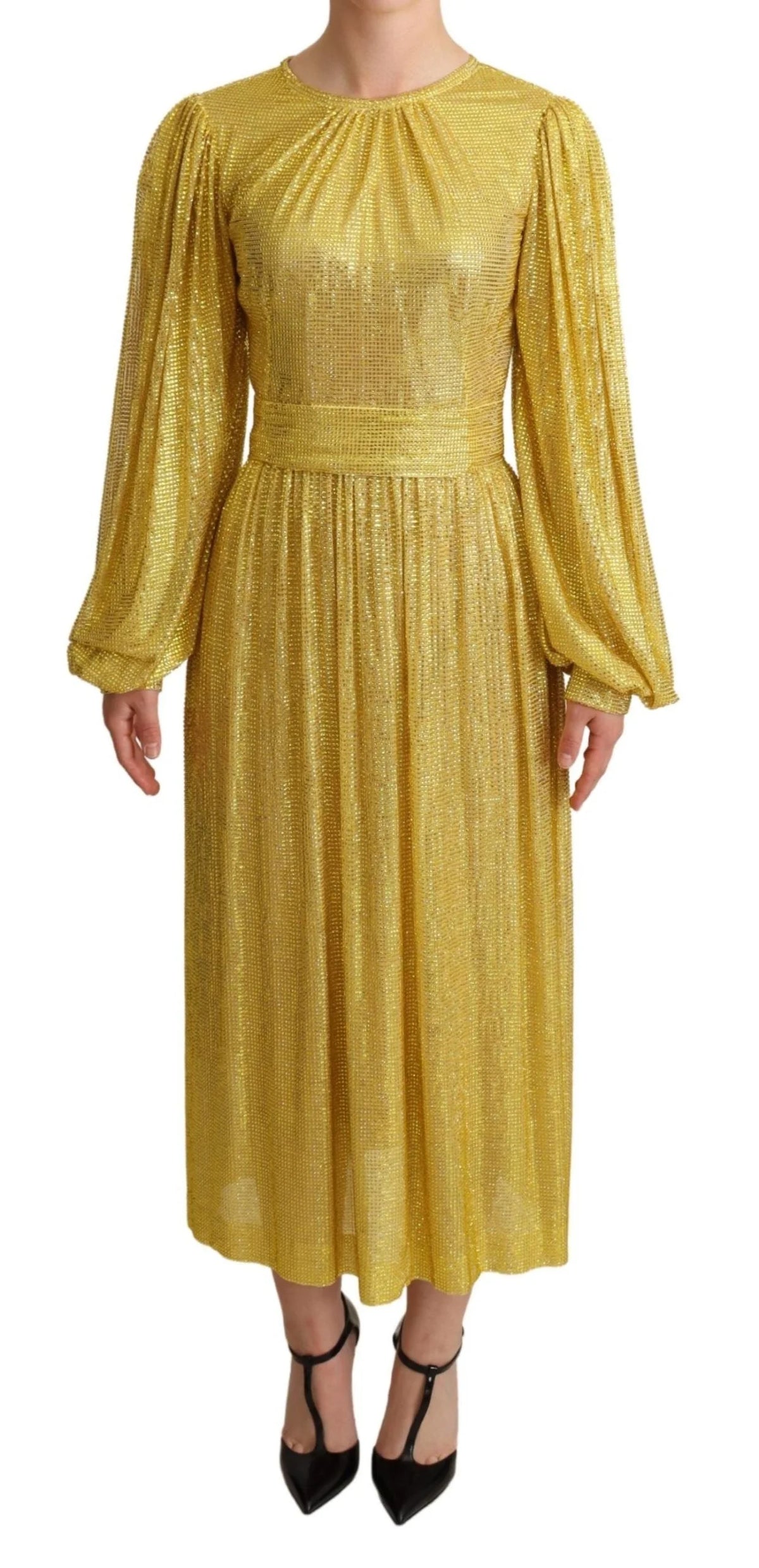 Dolce & Gabbana Yellow Crystal Mesh Pleated Maxi Dress - IT38|XS - Dresses