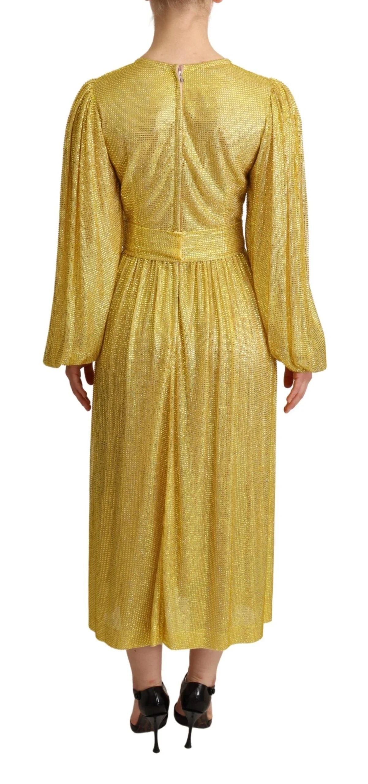 Dolce & Gabbana Yellow Crystal Mesh Pleated Maxi Dress - IT38|XS - Dresses